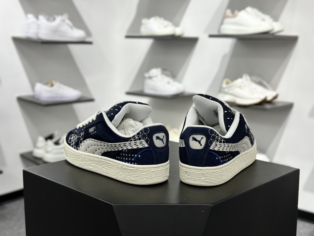 彪马PUMA Suede Low XL”Sashiko”经典明星系列低帮面包运动板鞋“翻毛藏蓝浅灰刺子绣” 395777-01