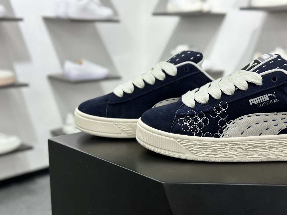 彪马PUMA Suede Low XL”Sashiko”经典明星系列低帮面包运动板鞋“翻毛藏蓝浅灰刺子绣” 395777-01