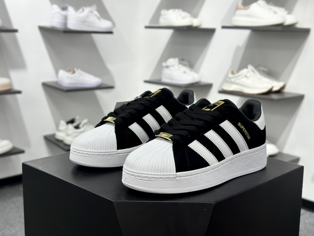 三叶草Adidas Originals Superstar XLG 贝壳头系列低帮厚底松糕经板鞋“皮革黑金LOGO” ID4657