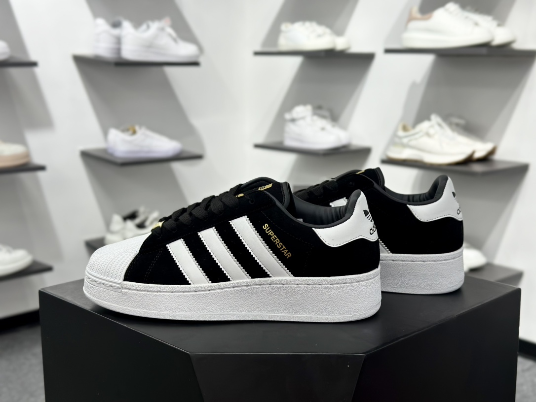 三叶草Adidas Originals Superstar XLG 贝壳头系列低帮厚底松糕经板鞋“皮革黑金LOGO” ID4657