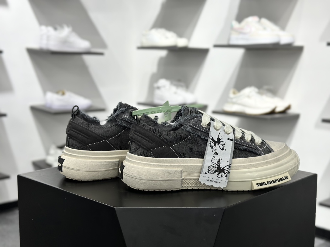 360 SMILEREPUBLIC INCEPTION 70S LOWS.SP 增高低帮系带乞丐风帆布低帮休闲运动鞋“黑色粗花呢须边” SR20240102010