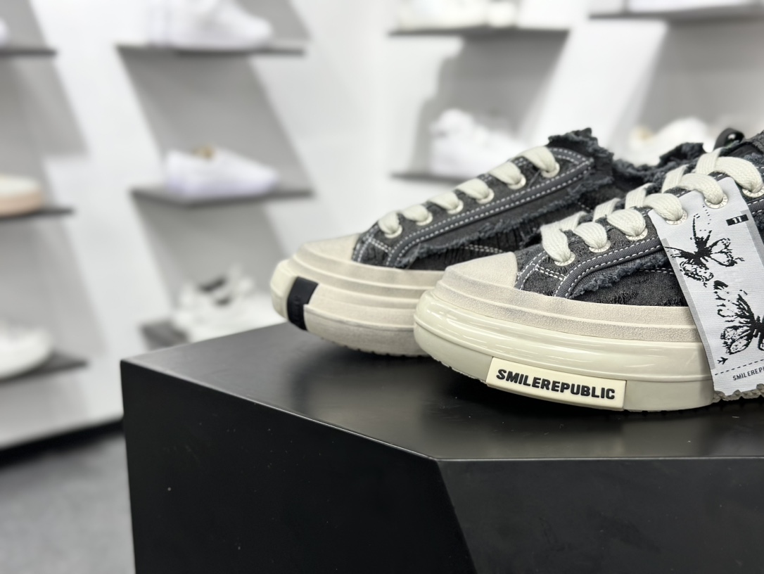 360 SMILEREPUBLIC INCEPTION 70S LOWS.SP 增高低帮系带乞丐风帆布低帮休闲运动鞋“黑色粗花呢须边” SR20240102010
