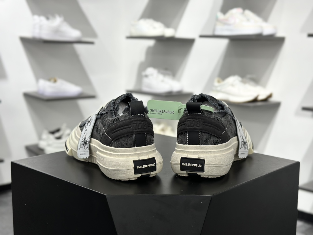 360 SMILEREPUBLIC INCEPTION 70S LOWS.SP 增高低帮系带乞丐风帆布低帮休闲运动鞋“黑色粗花呢须边” SR20240102010