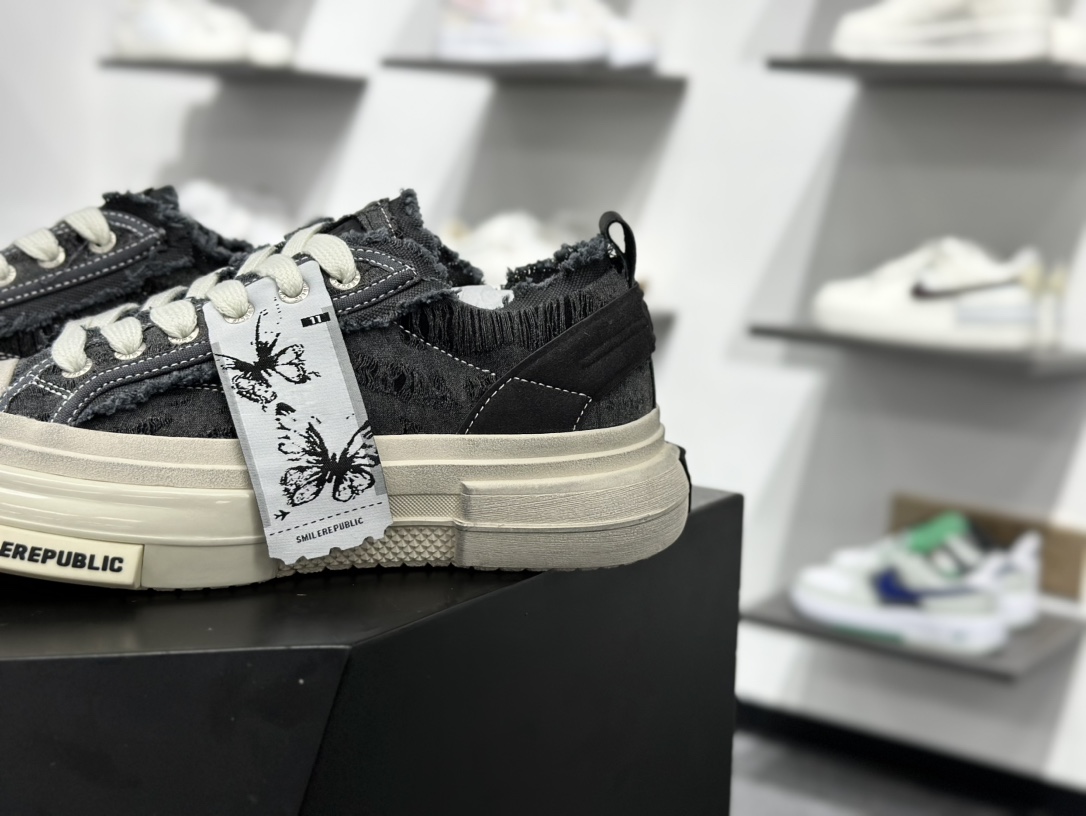 360 SMILEREPUBLIC INCEPTION 70S LOWS.SP 增高低帮系带乞丐风帆布低帮休闲运动鞋“黑色粗花呢须边” SR20240102010