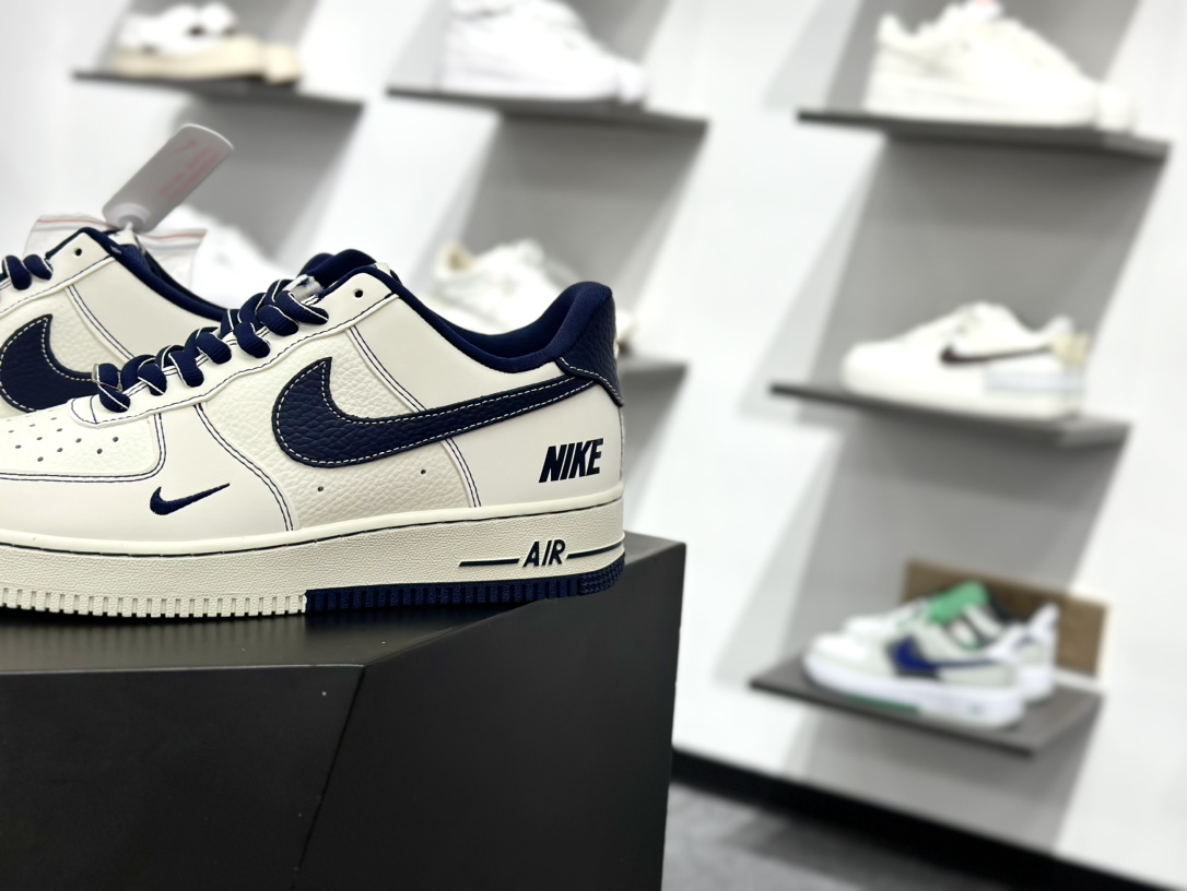 耐克Nike By You Air Force 1'07 Low Retro”Beige/Blue”空军一号板鞋“皮革米白深蓝NIKE钩子印标” SC9207-535