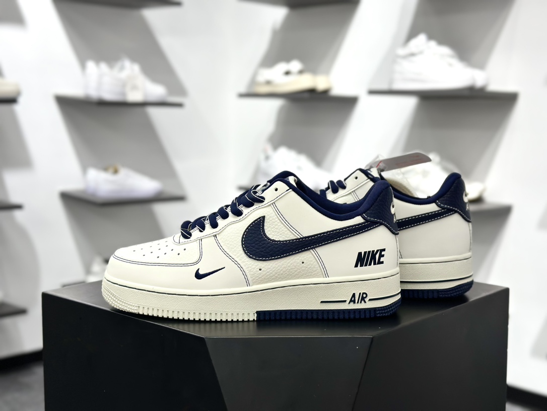耐克Nike By You Air Force 1'07 Low Retro”Beige/Blue”空军一号板鞋“皮革米白深蓝NIKE钩子印标” SC9207-535