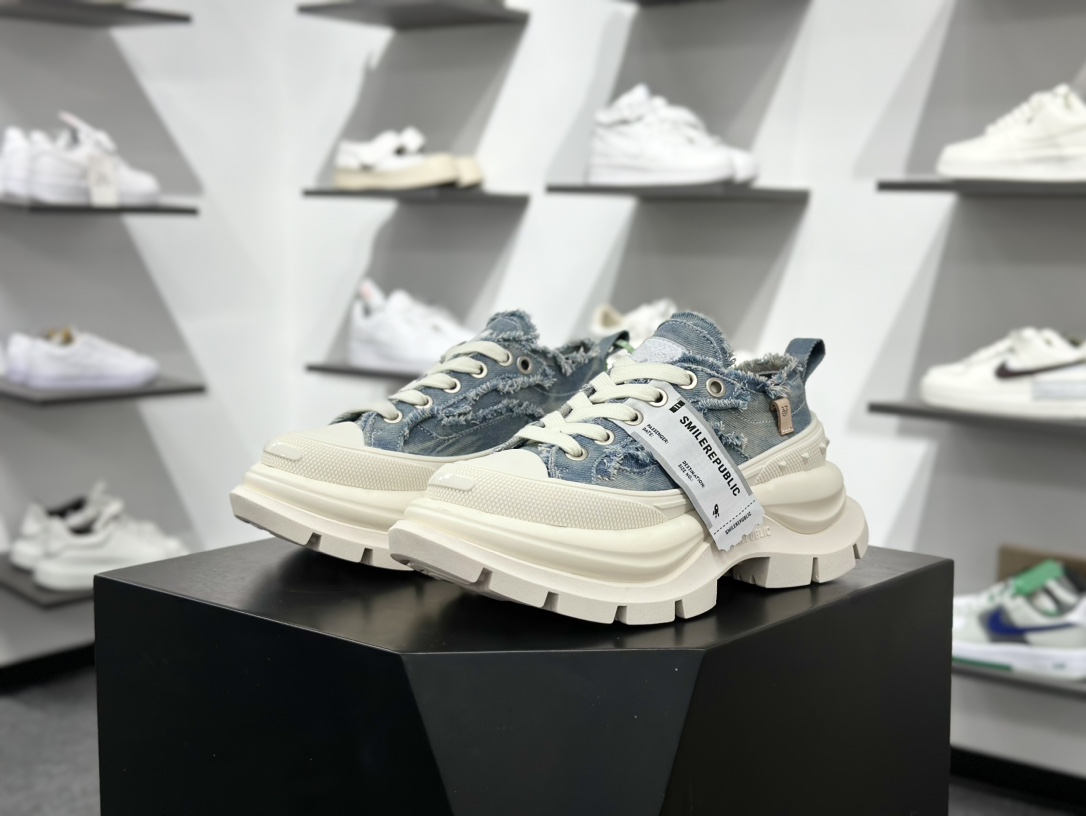 SMILEREPUBLIC SMILE QUEEN CLASSIC LOWS.SP 开口笑2.0系列松糕厚底增高低帮运动鞋“牛仔蓝流苏须边” SR25SS001
