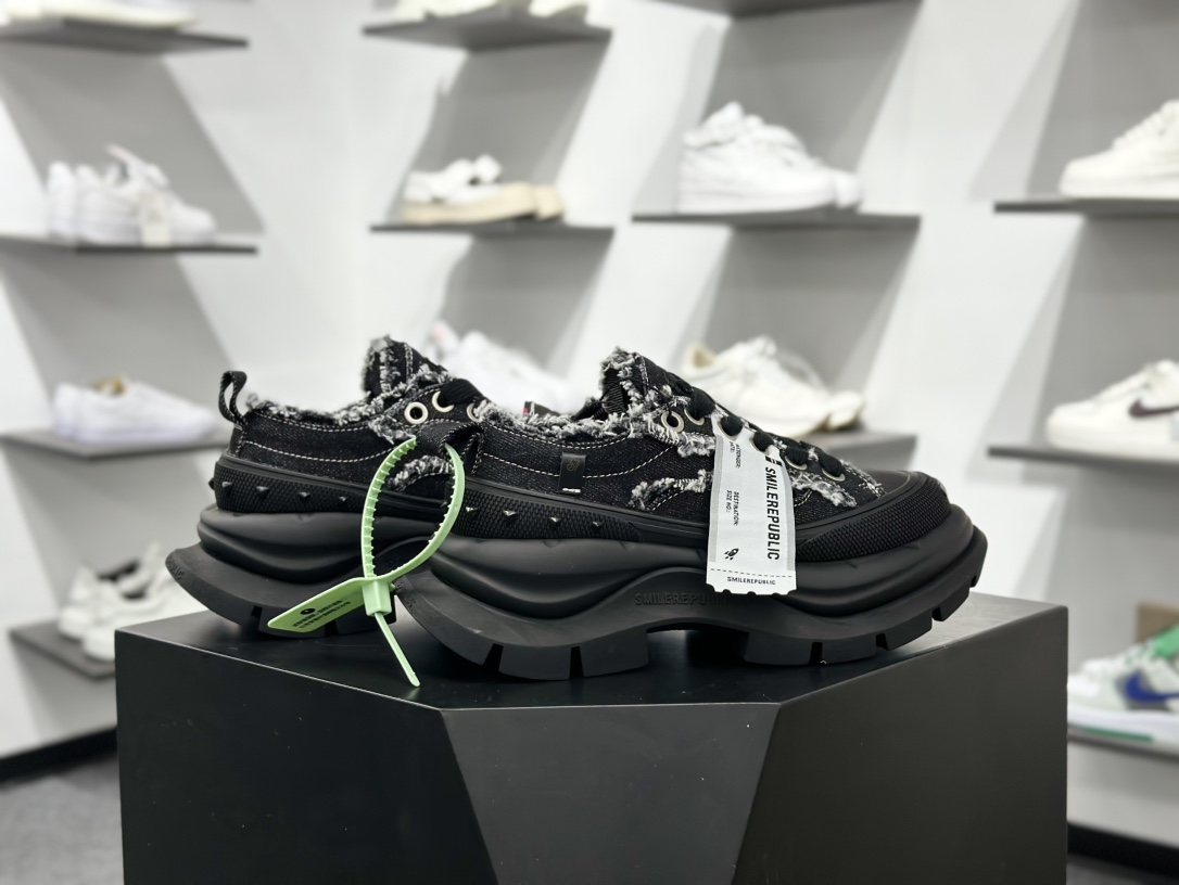 SMILEREPUBLIC SMILE QUEEN CLASSIC LOWS.SP 开口笑2.0系列松糕厚底增高低帮运动鞋“牛仔黑流苏须边”SR20240106001