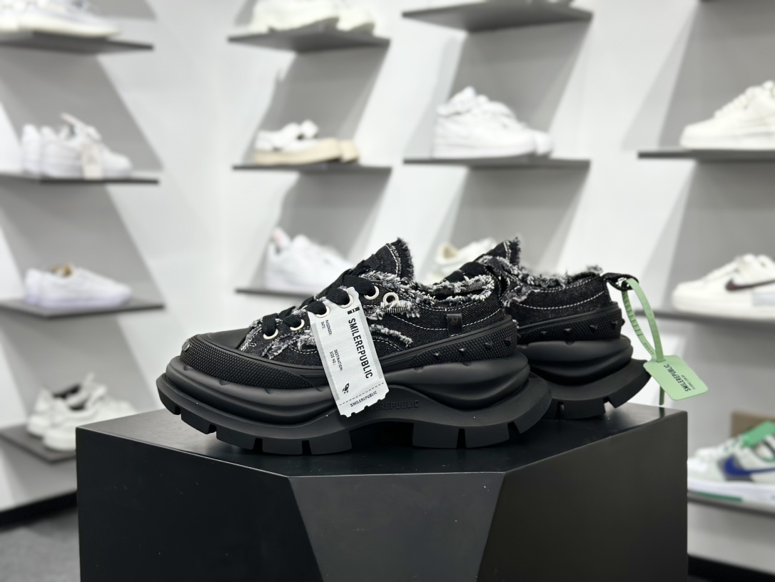 SMILEREPUBLIC SMILE QUEEN CLASSIC LOWS.SP 开口笑2.0系列松糕厚底增高低帮运动鞋“牛仔黑流苏须边”SR20240106001