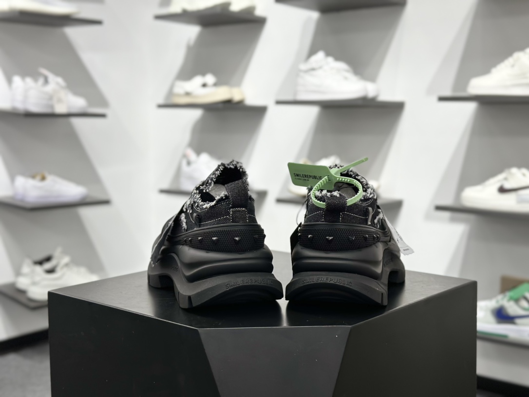 SMILEREPUBLIC SMILE QUEEN CLASSIC LOWS.SP 开口笑2.0系列松糕厚底增高低帮运动鞋“牛仔黑流苏须边”SR20240106001
