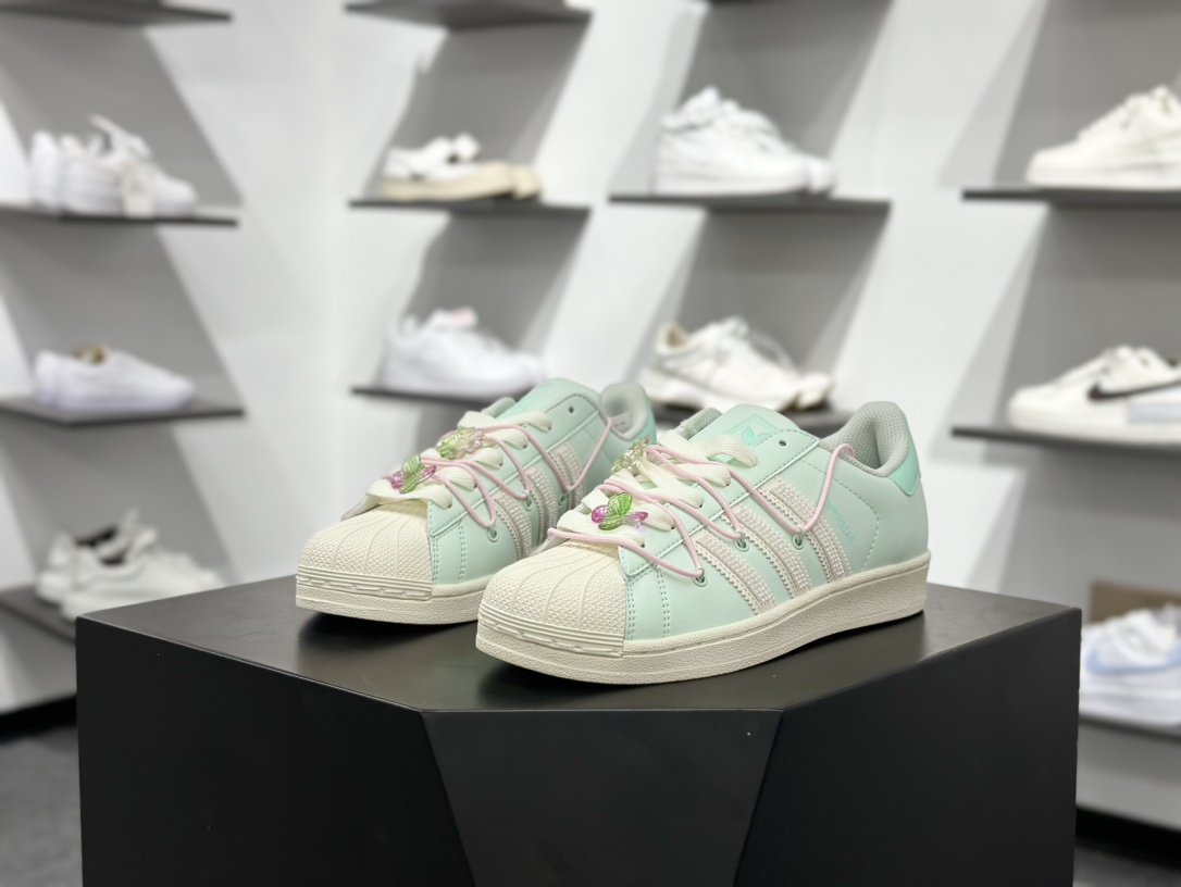 180 AdidOriginals Superstar”Mint Green”经典贝壳头系列低帮百搭休闲运动板鞋“皮革浅薄荷绑绳”JR1333