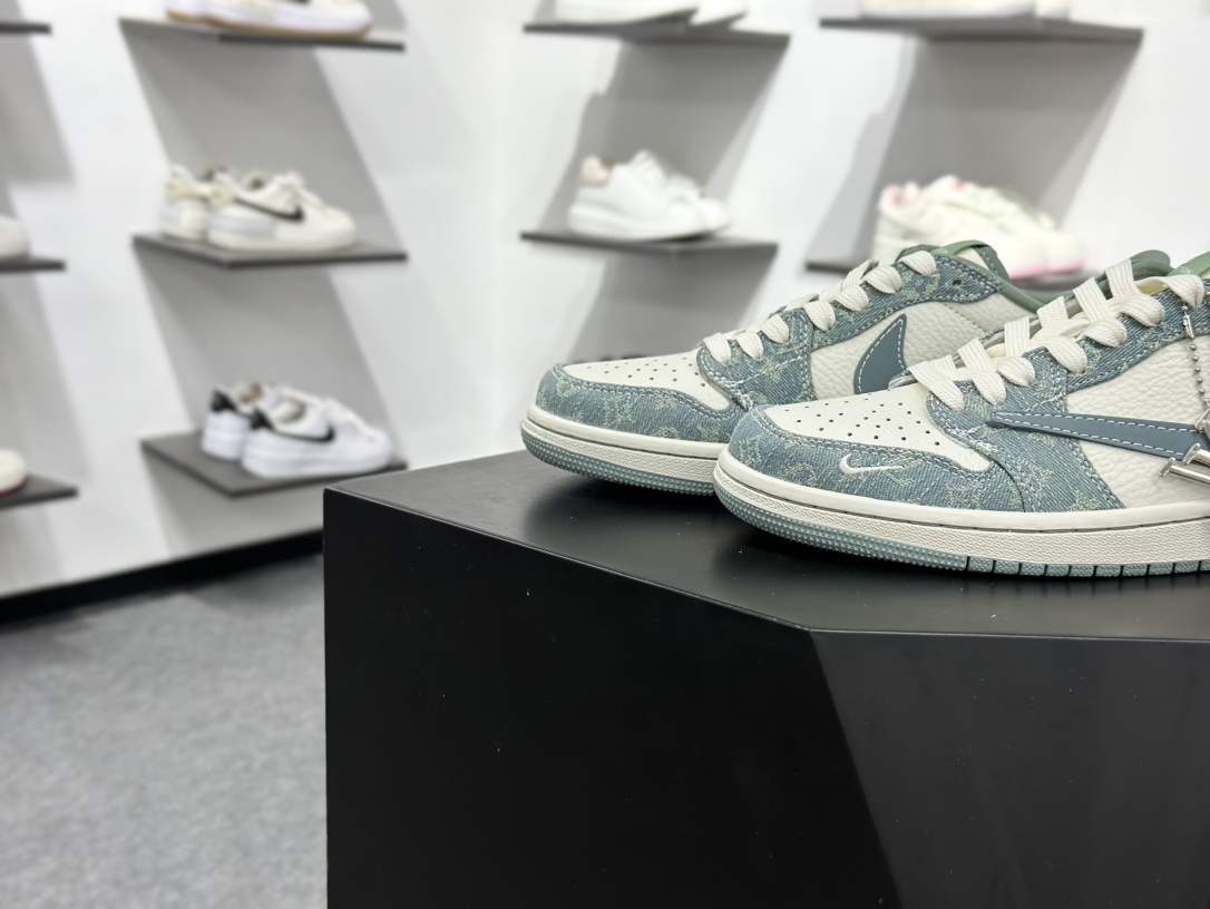 Travis Scott x Fragment Design x Air Jordan 1 Low SP AJ1 乔1 LV联名 青色牛仔 低帮文化休闲板鞋 SC0601-057