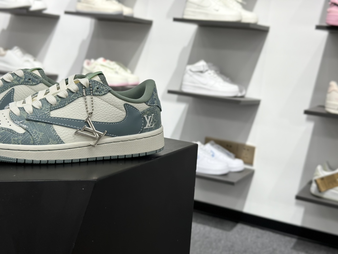 Travis Scott x Fragment Design x Air Jordan 1 Low SP AJ1 乔1 LV联名 青色牛仔 低帮文化休闲板鞋 SC0601-057