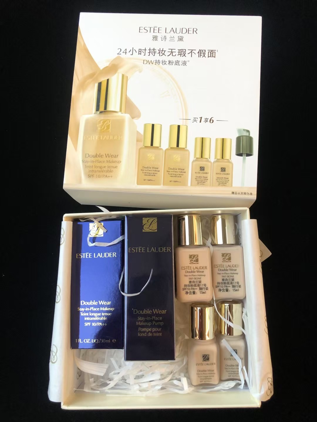 105💰
雅诗兰黛DW粉底液4+1套装！内含：30ml+15ml*2+7ml*2。色号：1w1。