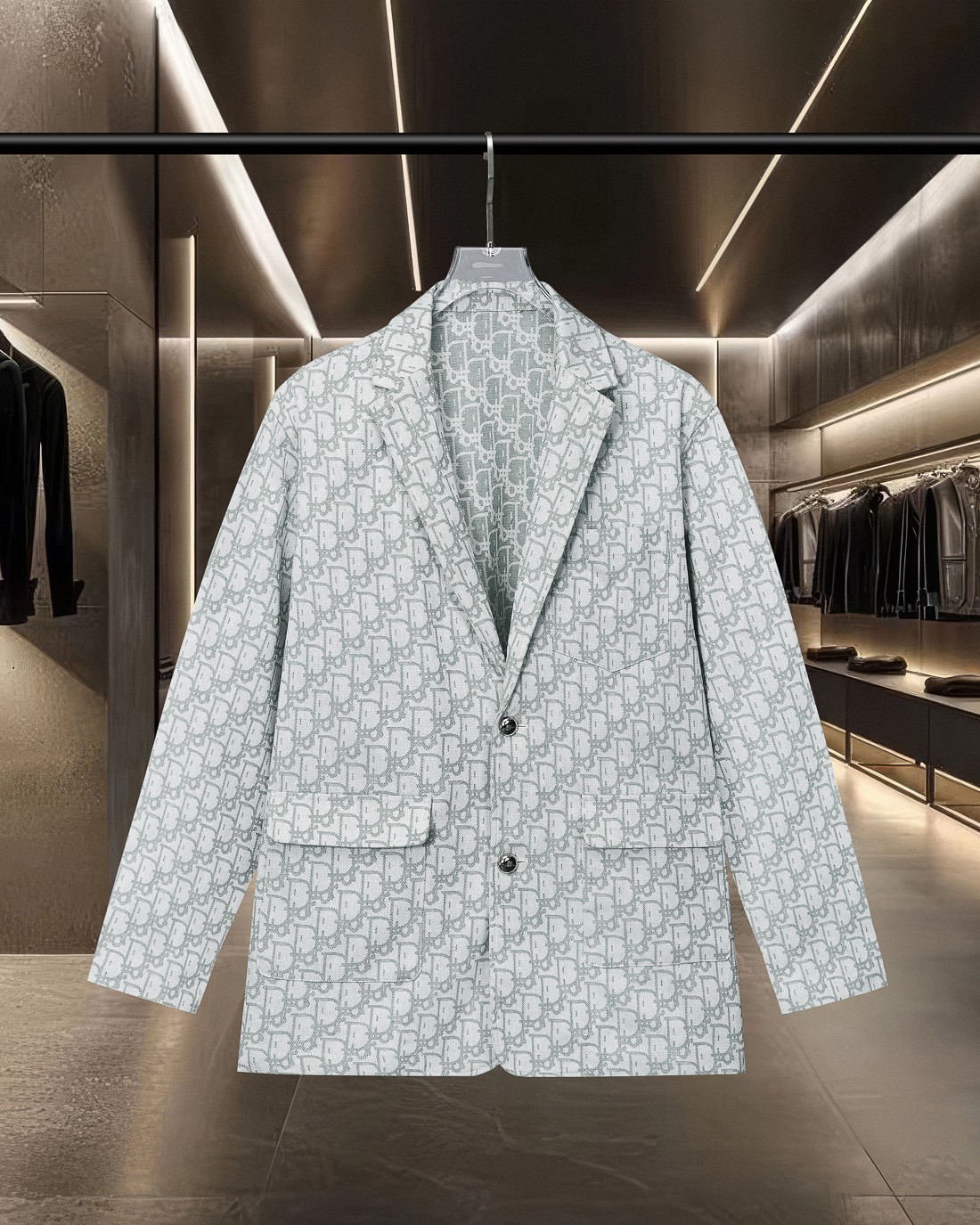 Dior All-Over Logo Jacquard Blazer Jacket, Notched Lapel, Two-Button Closure 1 a1752777076408 1278