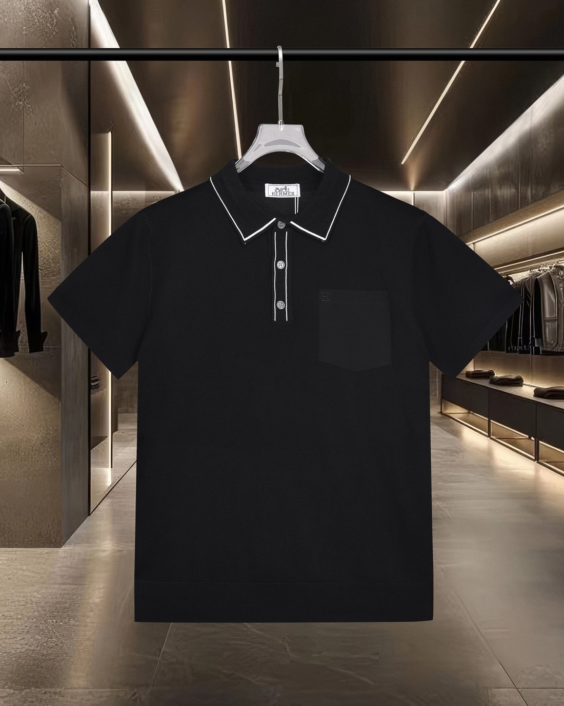 (Envío al día siguiente) HERMES/Hermès Polo de manga corta casual de punto con bolsillo y logo H bordado en colores com…