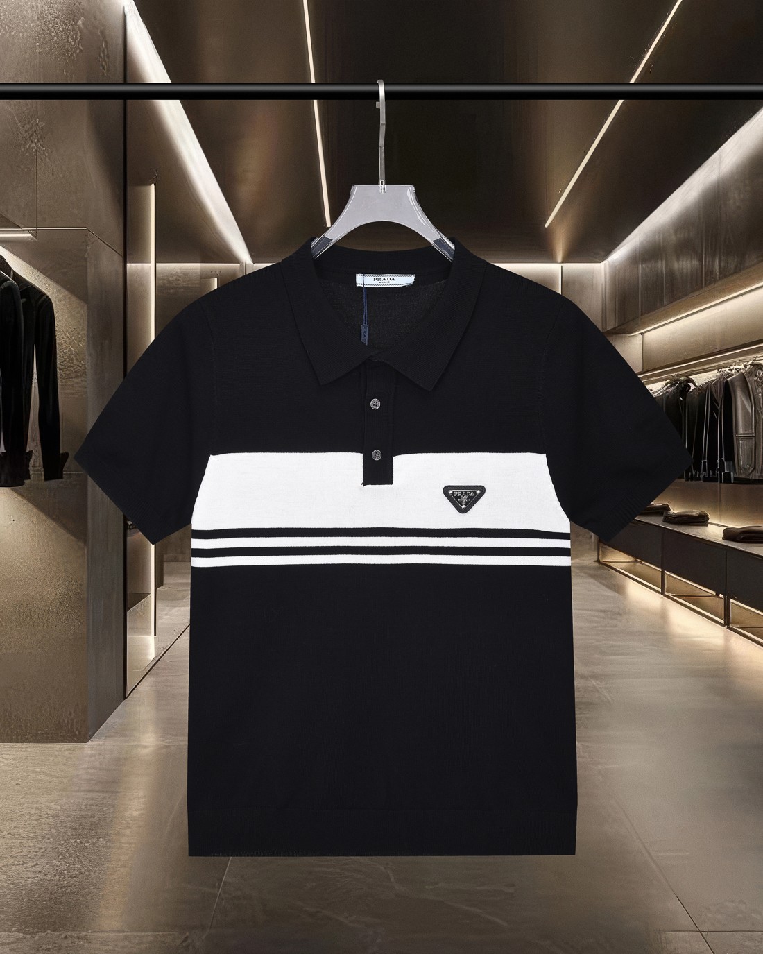 (enviado al día siguiente) Prada/PRADA raya en el pecho bloque de color logo letra insignia de punto casual camisa POLO…