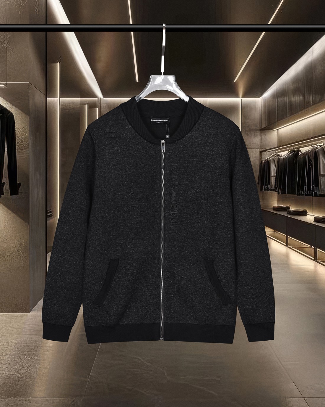 P148 EMPORIO Armani/Armani Chaqueta de béisbol con cremallera y logo bordado letras, cárdigan de lana 2025FW …