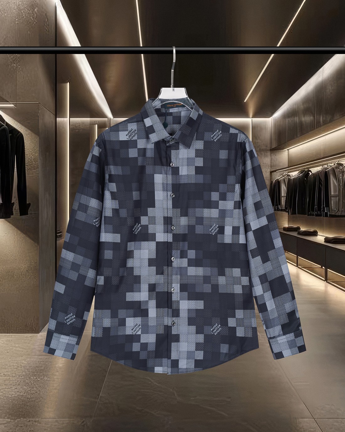 P128 LV Louis Vuitton🔥Se acerca el estilo más popular. Camisa de manga larga con estampado de mosaico de dameros en to…