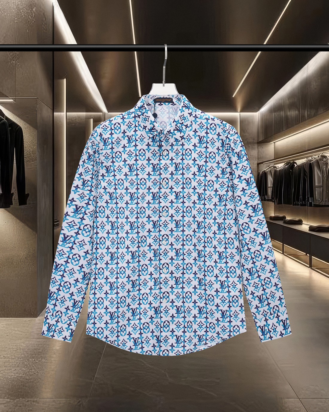 P128 LV Louis Vuitton 🔥 éxito de ventas Camisa de manga larga con estampado digital de logo Monogram superpuesto y som…