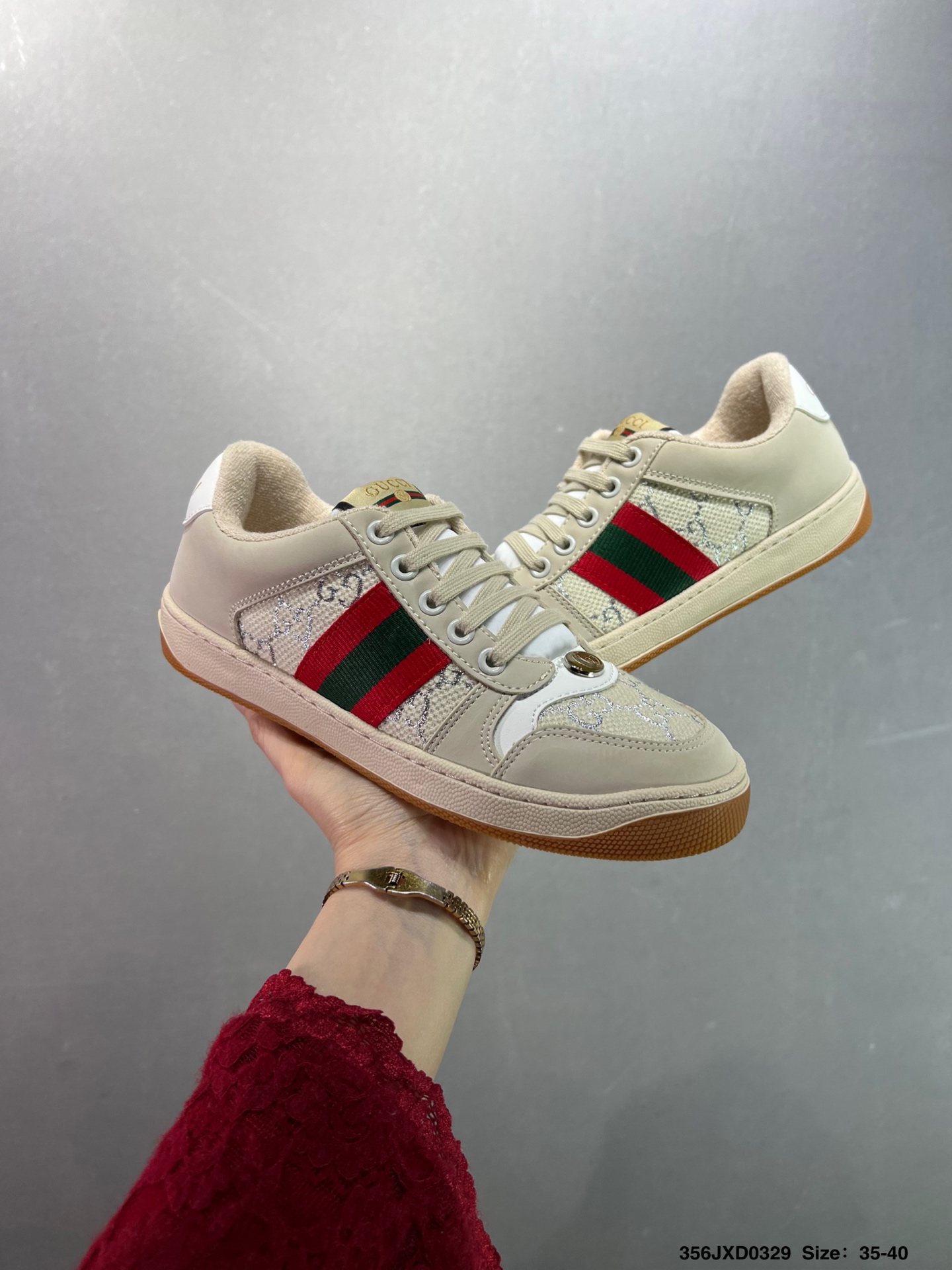 🈴️💰140 ✅倪妮.杨幂.鹿晗.吴宪华群星ins及小红书穿搭爆款🔥2021ss新色，经典高奢品牌GUCCI古驰 Tennis 1977 Print Sneaker帆布印花复古休闲运动板鞋“斜纹帆布黄油深绿红”606111 HVK20 9766. Size:35-45如图 编码：622JXD0329