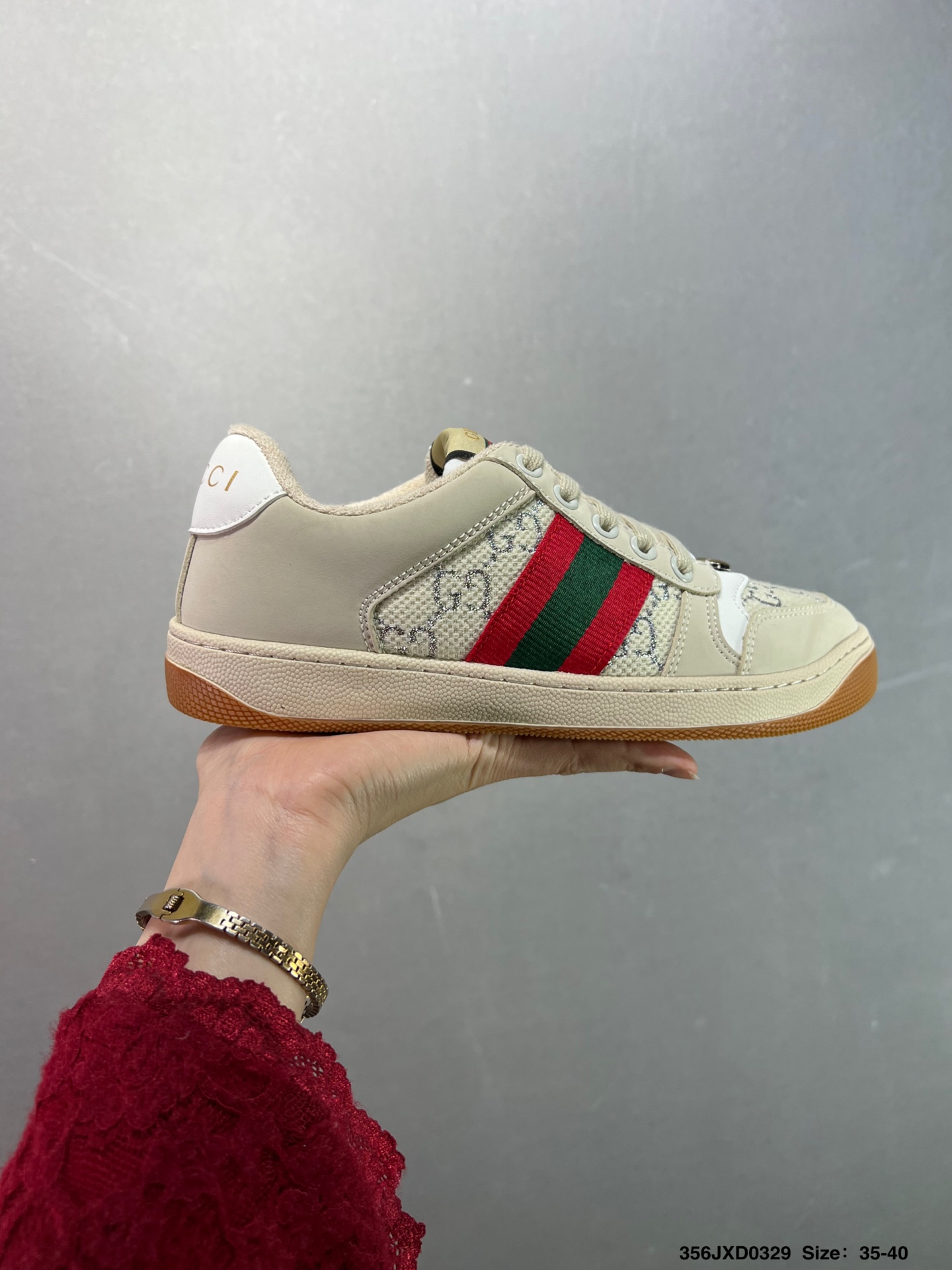 💰140 ✅倪妮.杨幂.鹿晗.吴宪华群星ins及小红书穿搭爆款🔥2021ss新色，经典高奢品牌GUCCI古驰 Tennis 1977 Print Sneaker帆布印花复古休闲运动板鞋“斜纹帆布黄油深绿红”606111 HVK20 9766. Size:35-45如图 编码：622JXD0329