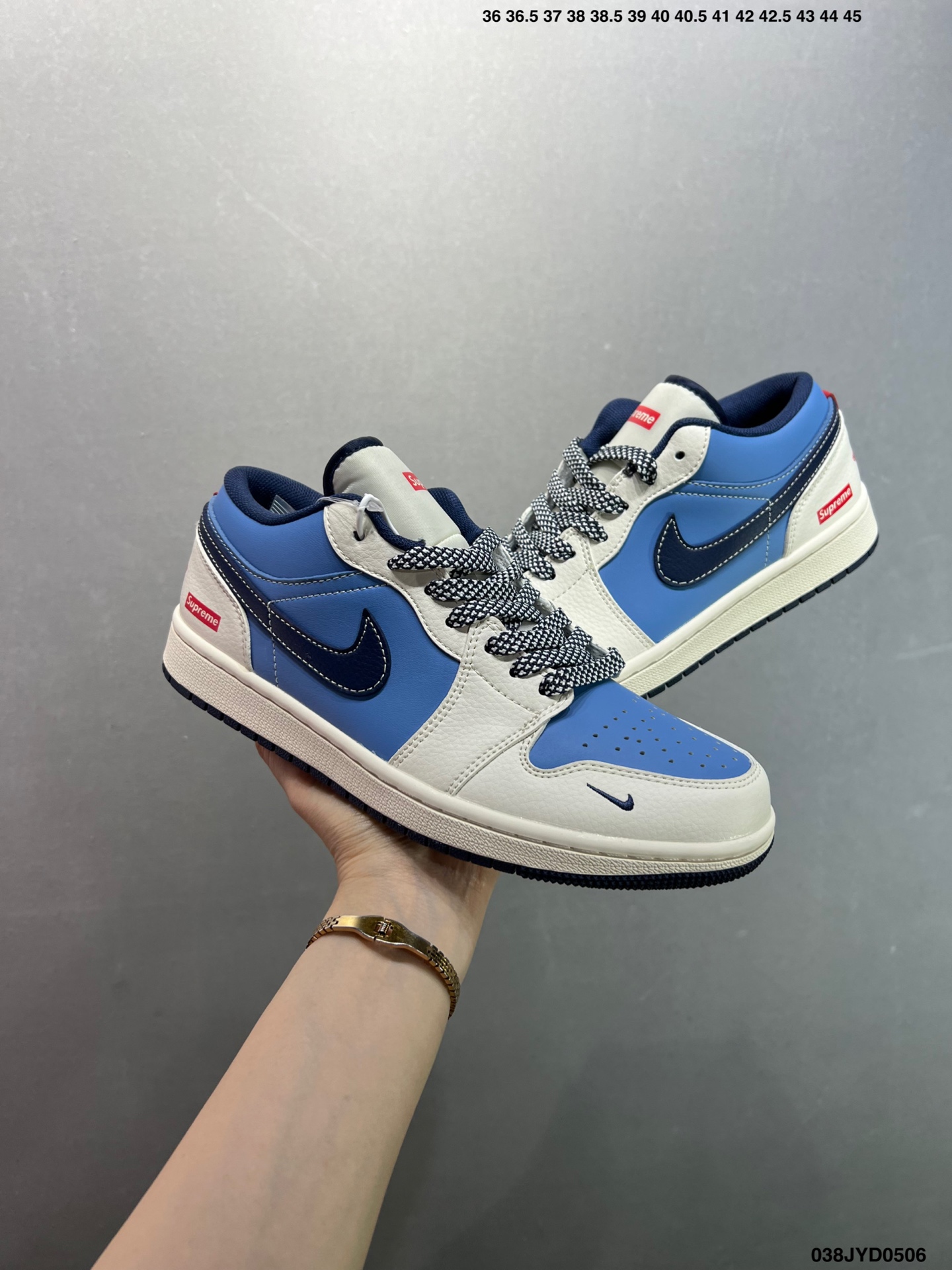 Nike Air Jordan 1 Low Supreme: Blue & White Authentic Leather Sneakers