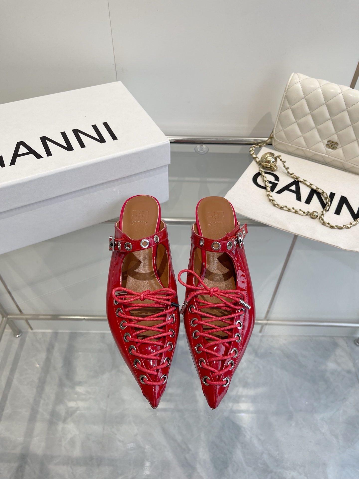 GANNI 25SS Leather Ballet Shoes: Imported, Water-Skinned Calf, Original Rubber Soles