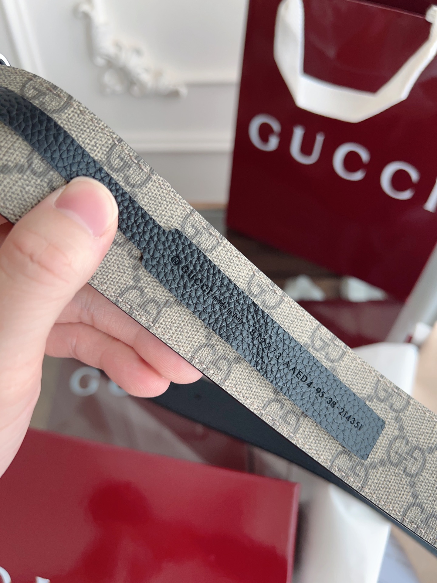  绝美gucci 双G扣男士新款腰帶 專櫃同步 寬4厘米 帶身帆布咖老花-拼進口荔枝紋黑色 精緻真空電鍍