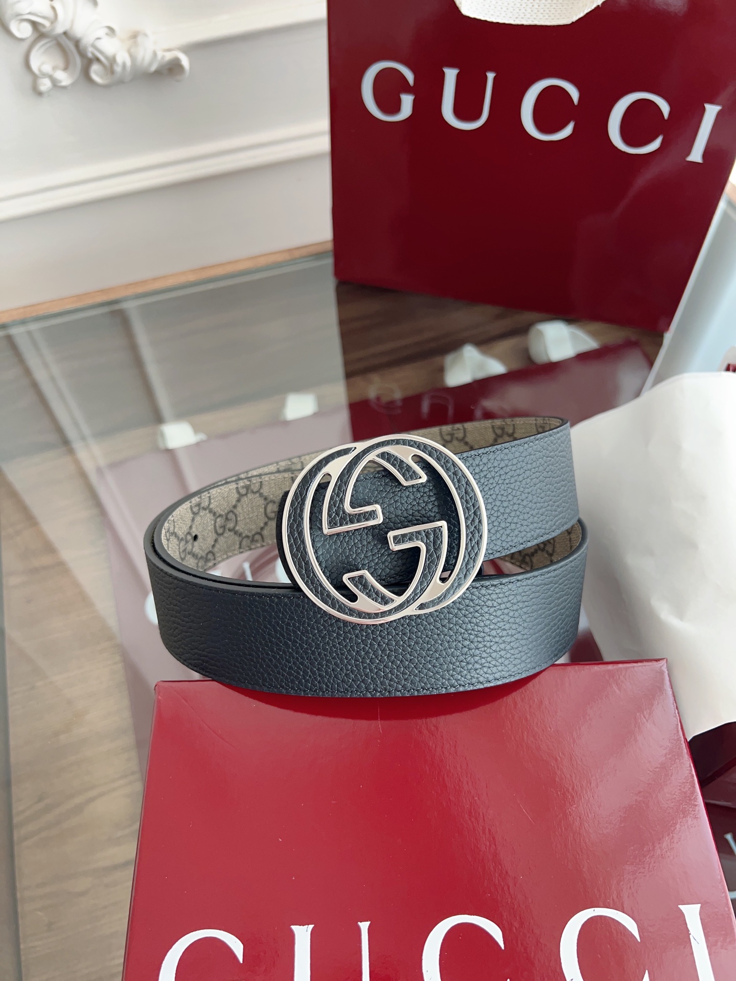  绝美gucci 双G扣男士新款腰帶 專櫃同步 寬4厘米 帶身帆布咖老花-拼進口荔枝紋黑色 精緻真空電鍍