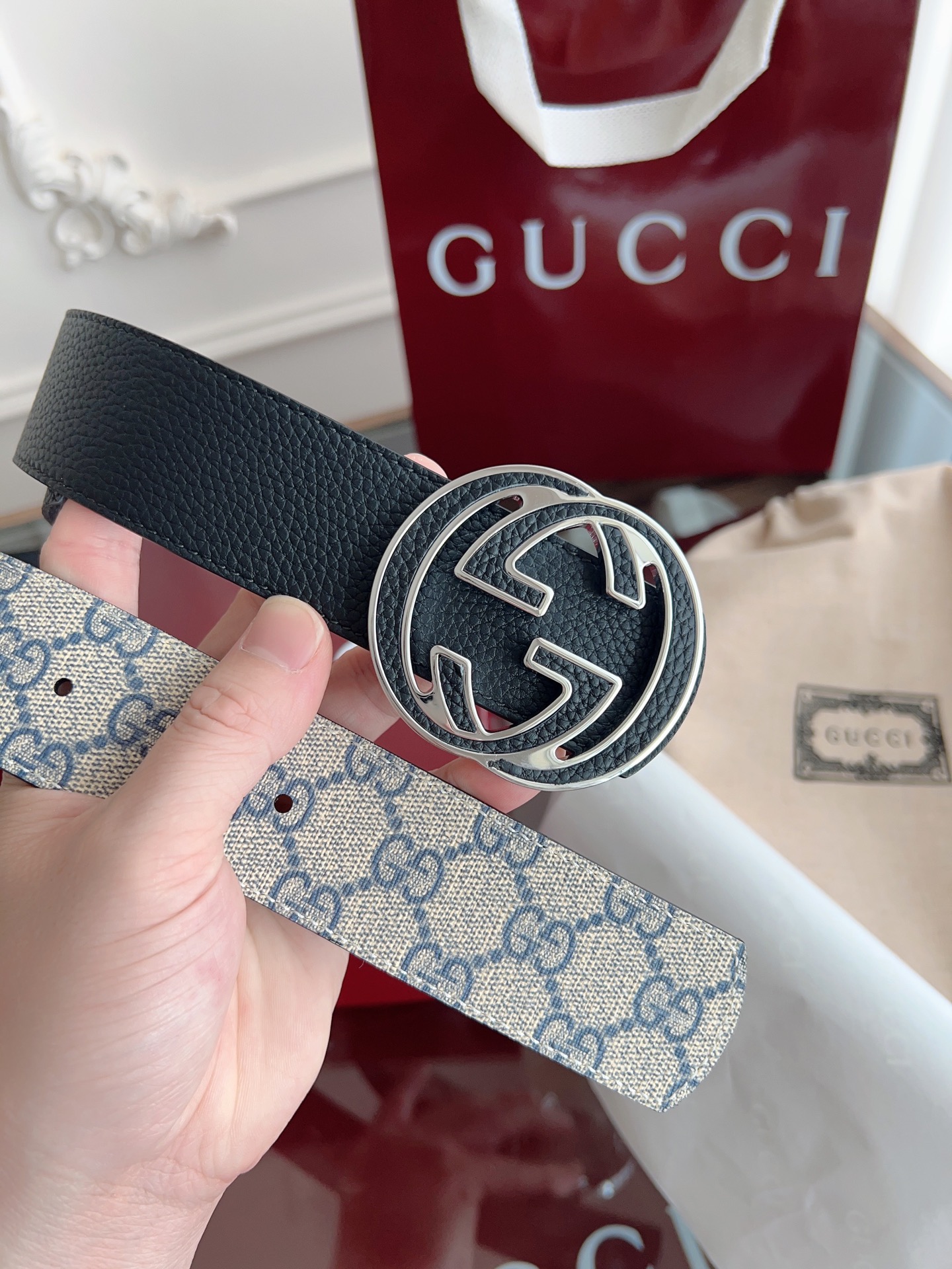 绝美gucci 双G扣男士新款腰帶 專櫃同步 寬4厘米 帶身帆布兰老花-拼進口荔枝紋黑色 精緻真空電鍍