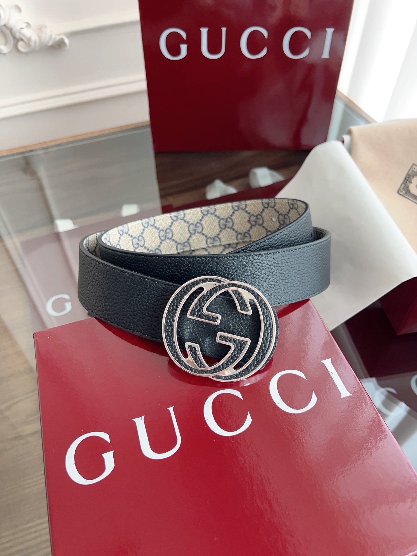  绝美gucci 双G扣男士新款腰帶 專櫃同步 寬4厘米 帶身帆布兰老花-拼進口荔枝紋黑色 精緻真空電鍍