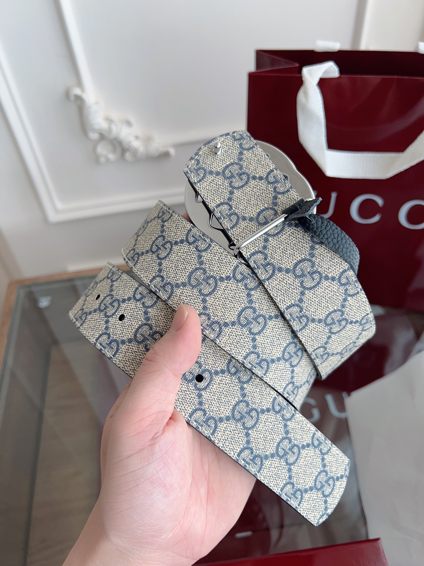  绝美gucci 双G扣男士新款腰帶 專櫃同步 寬4厘米 帶身帆布兰老花-拼進口荔枝紋黑色 精緻真空電鍍