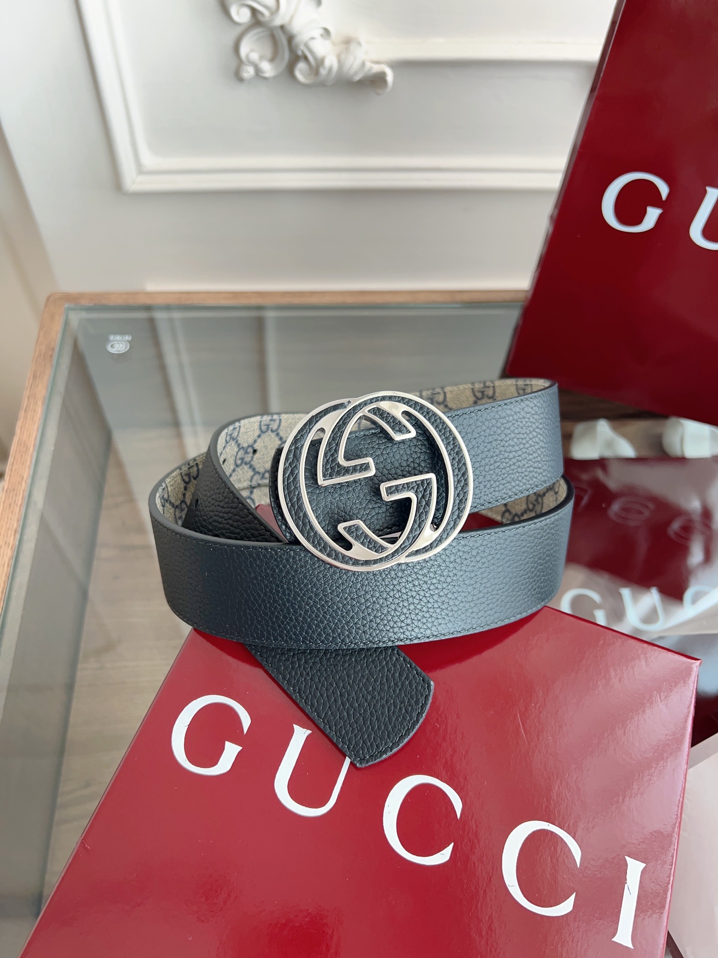  绝美gucci 双G扣男士新款腰帶 專櫃同步 寬4厘米 帶身帆布兰老花-拼進口荔枝紋黑色 精緻真空電鍍