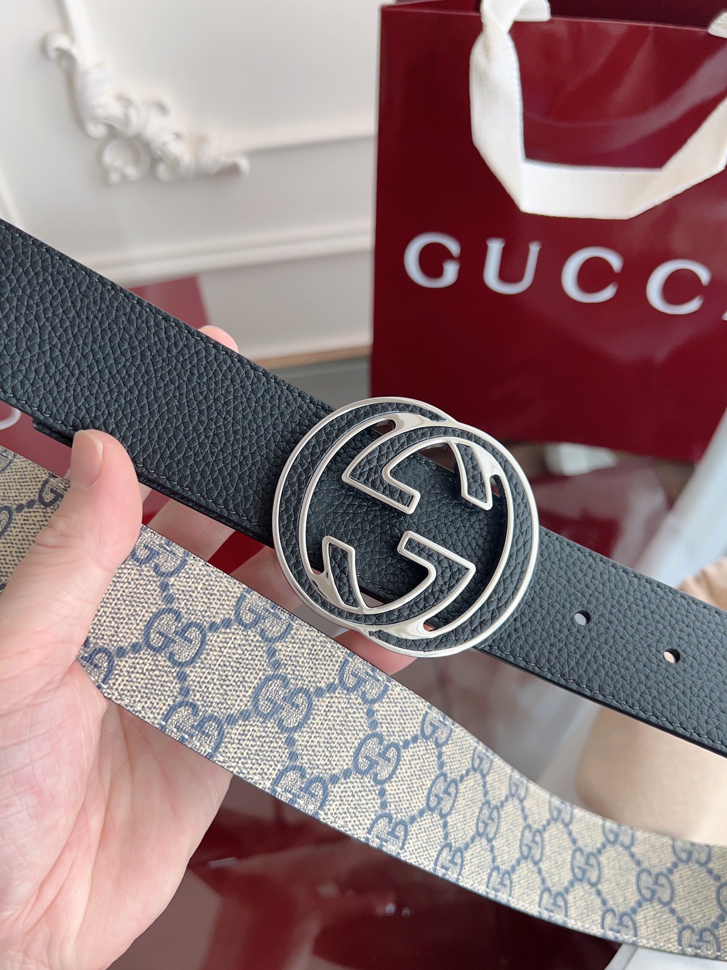  绝美gucci 双G扣男士新款腰帶 專櫃同步 寬4厘米 帶身帆布兰老花-拼進口荔枝紋黑色 精緻真空電鍍