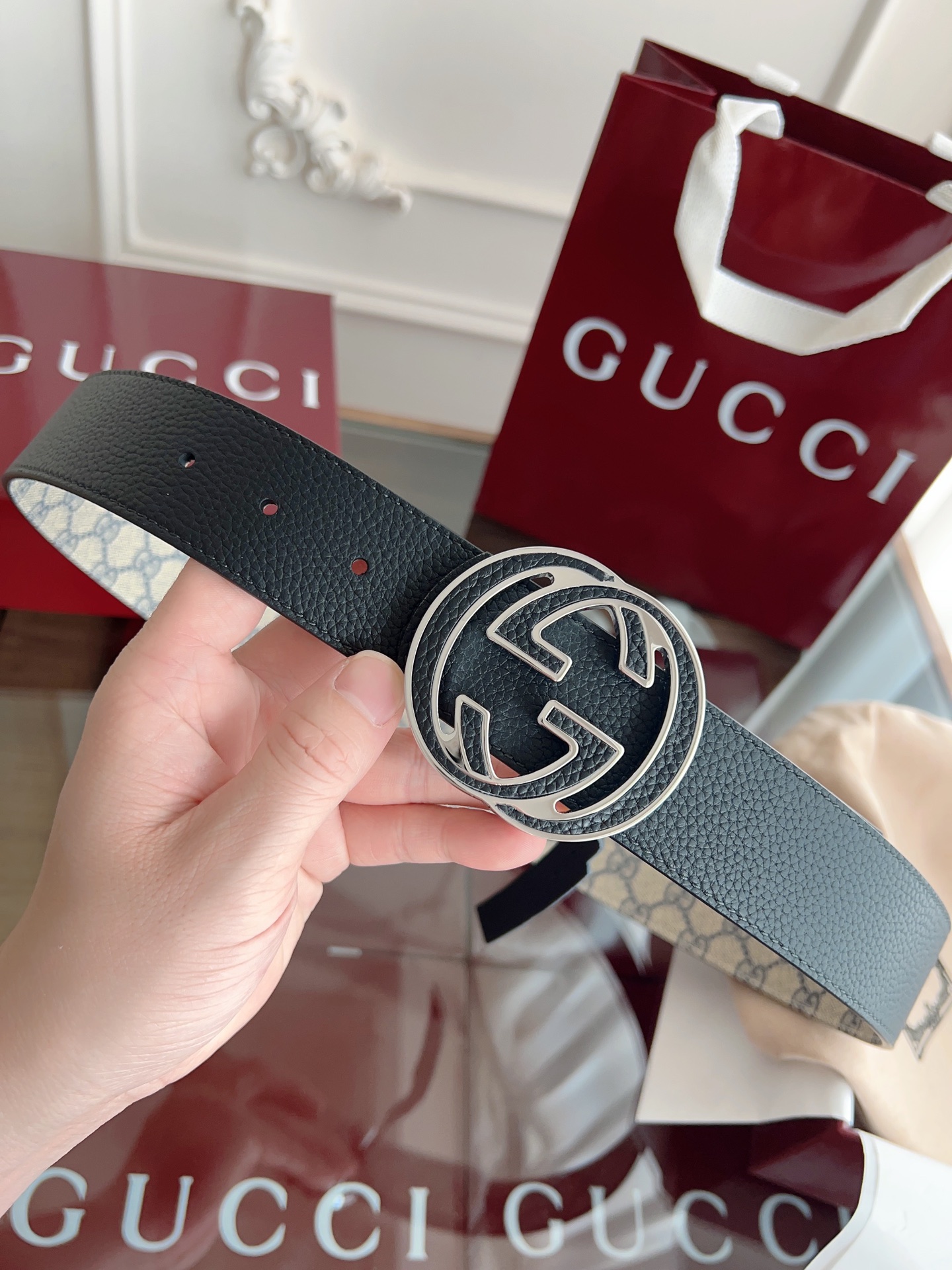  绝美gucci 双G扣男士新款腰帶 專櫃同步 寬4厘米 帶身帆布兰老花-拼進口荔枝紋黑色 精緻真空電鍍