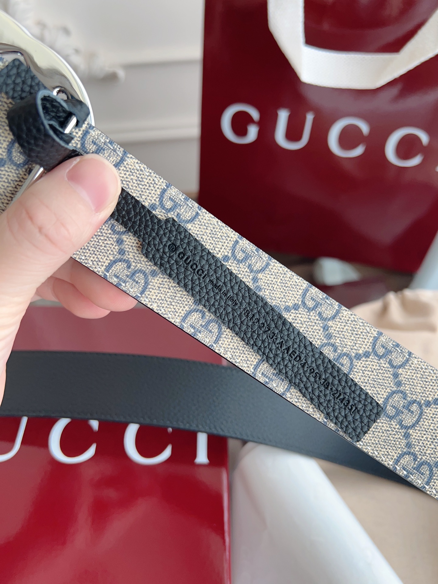  绝美gucci 双G扣男士新款腰帶 專櫃同步 寬4厘米 帶身帆布兰老花-拼進口荔枝紋黑色 精緻真空電鍍