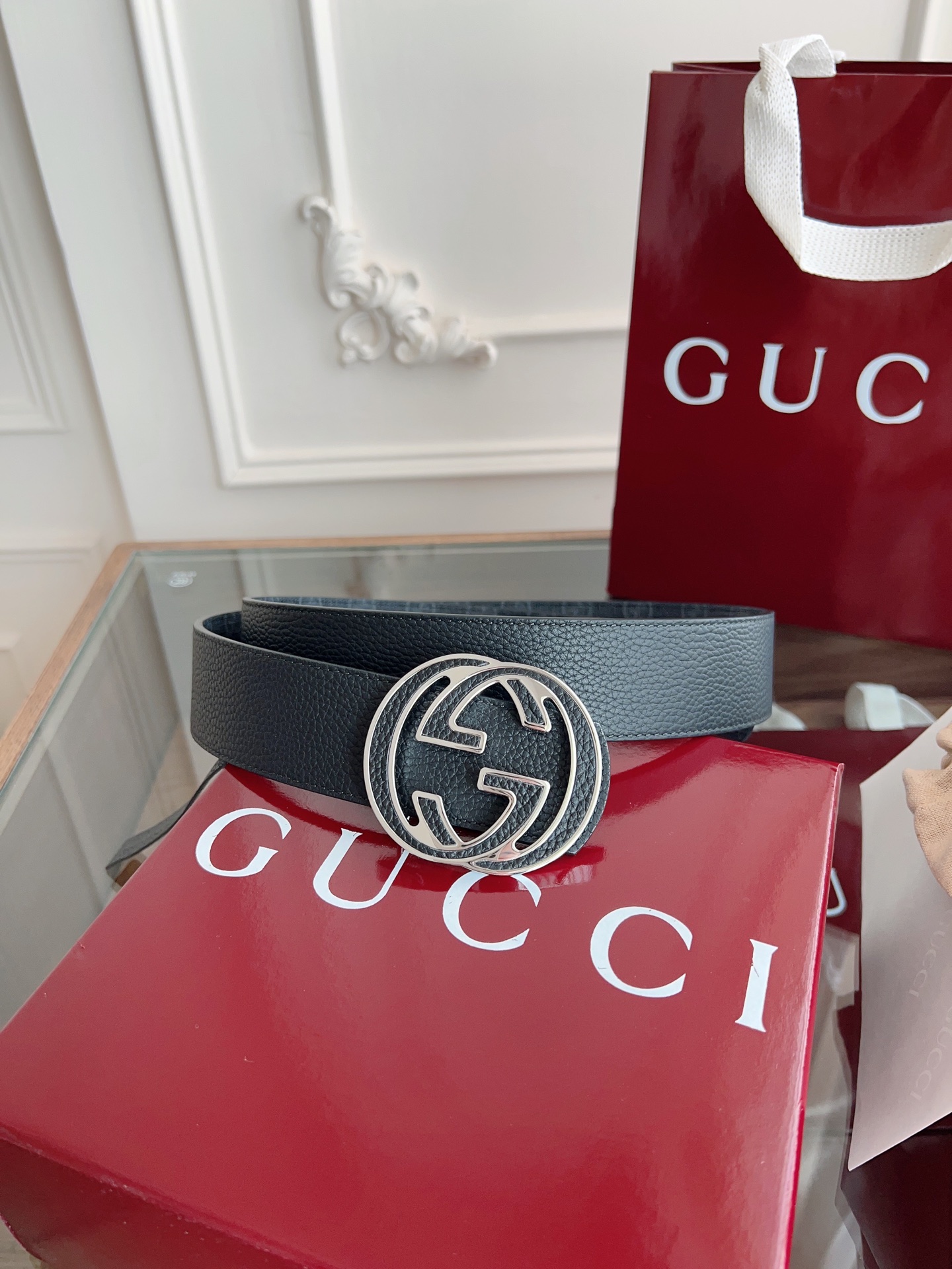  绝美gucci 双G扣男士新款腰帶 專櫃同步 寬4厘米 帶身帆布黑老花-拼進口荔枝紋黑色 精緻真空電鍍