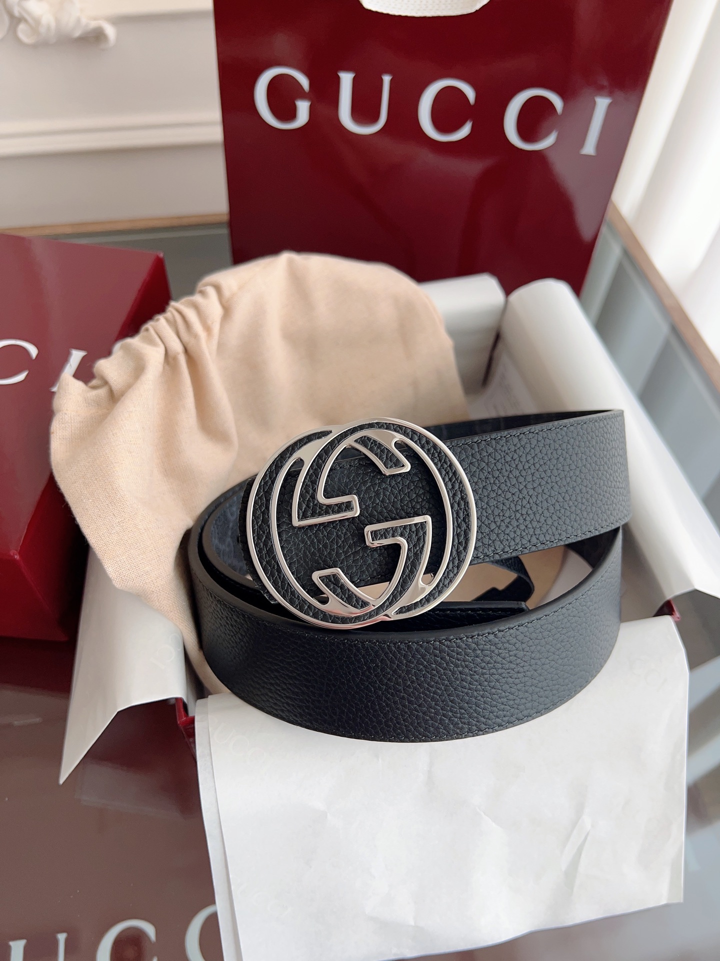  绝美gucci 双G扣男士新款腰帶 專櫃同步 寬4厘米 帶身帆布黑老花-拼進口荔枝紋黑色 精緻真空電鍍