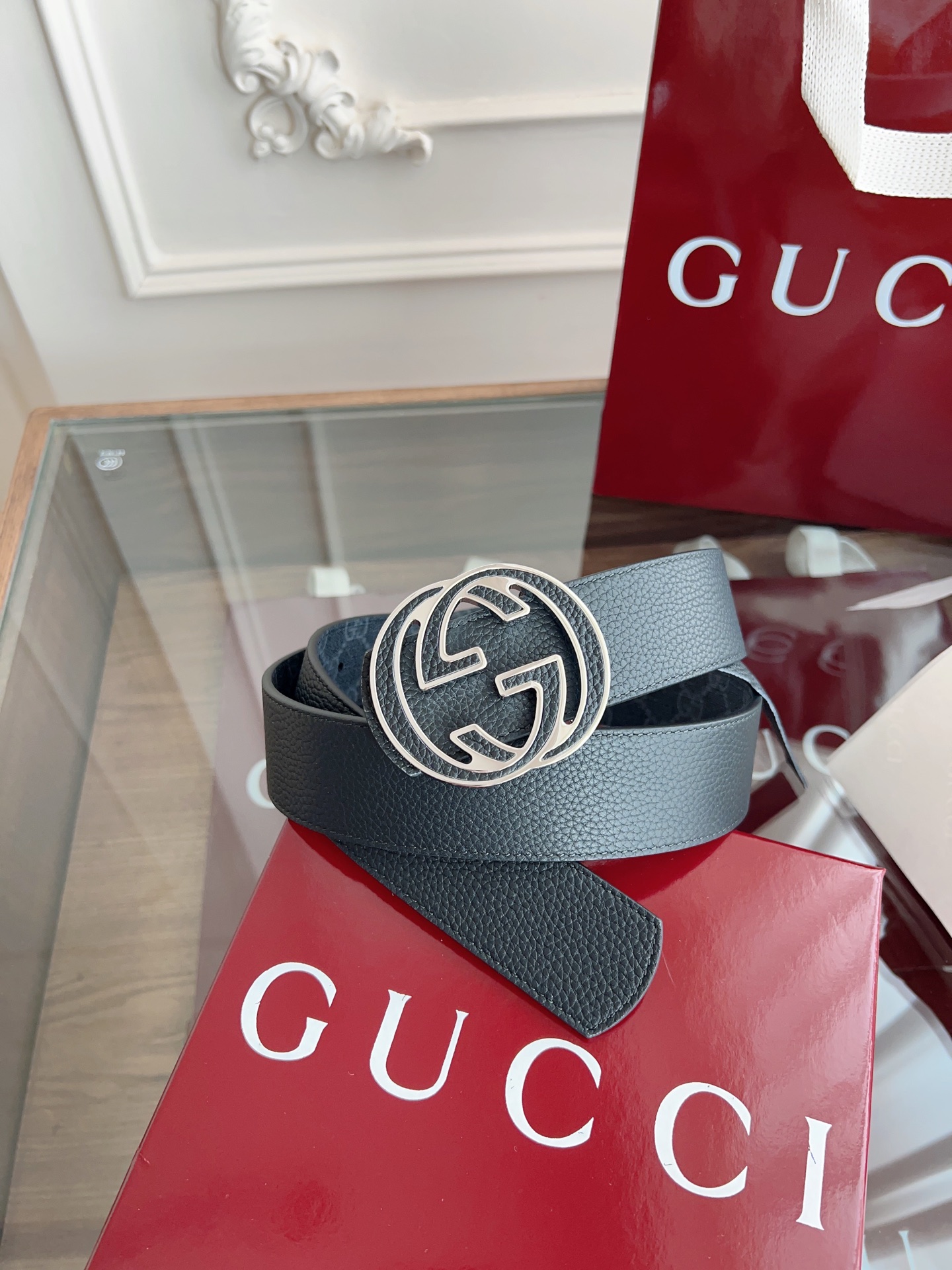  绝美gucci 双G扣男士新款腰帶 專櫃同步 寬4厘米 帶身帆布黑老花-拼進口荔枝紋黑色 精緻真空電鍍