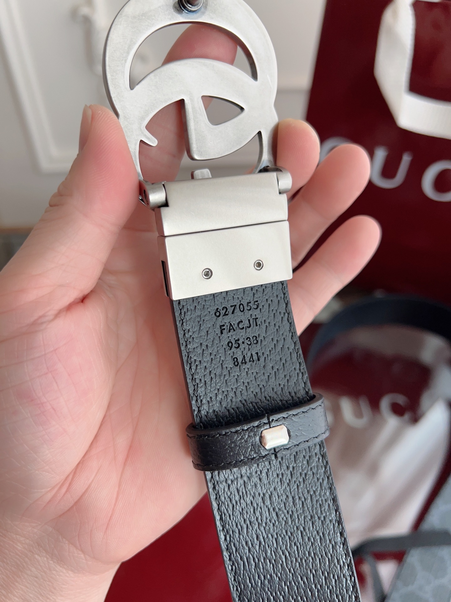  Gucci  FACJT 珠黑色SuPreme PVC黑老花 黑猪皮纹底 宽度3.7cm 复古GG旋转