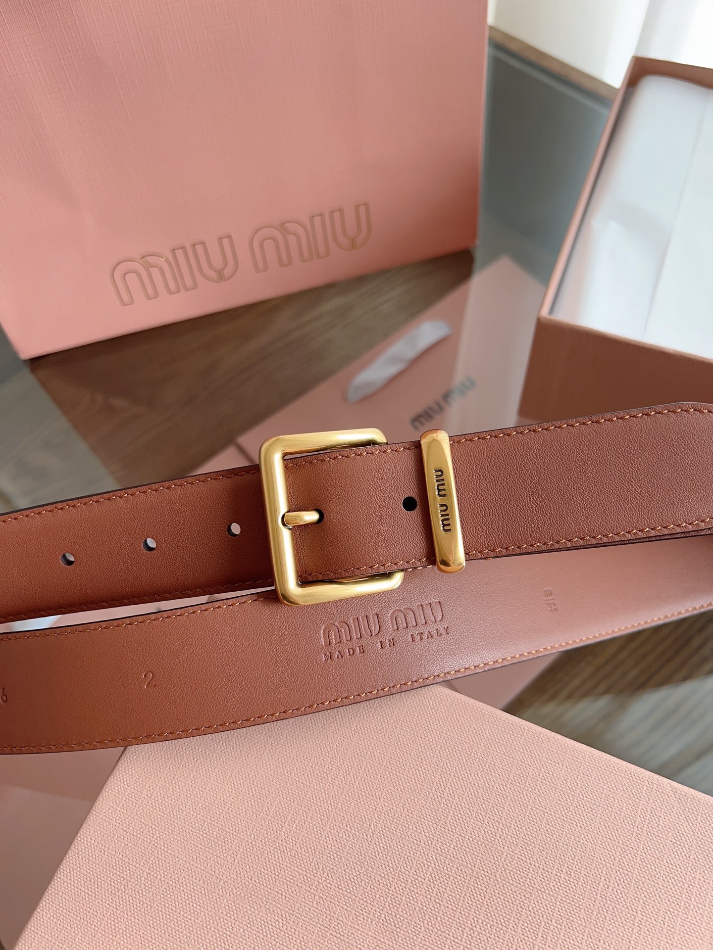 Stylish Miu Miu Belt: Soft Leather, Copper Buttons, Steel Print Design. - 图片 3