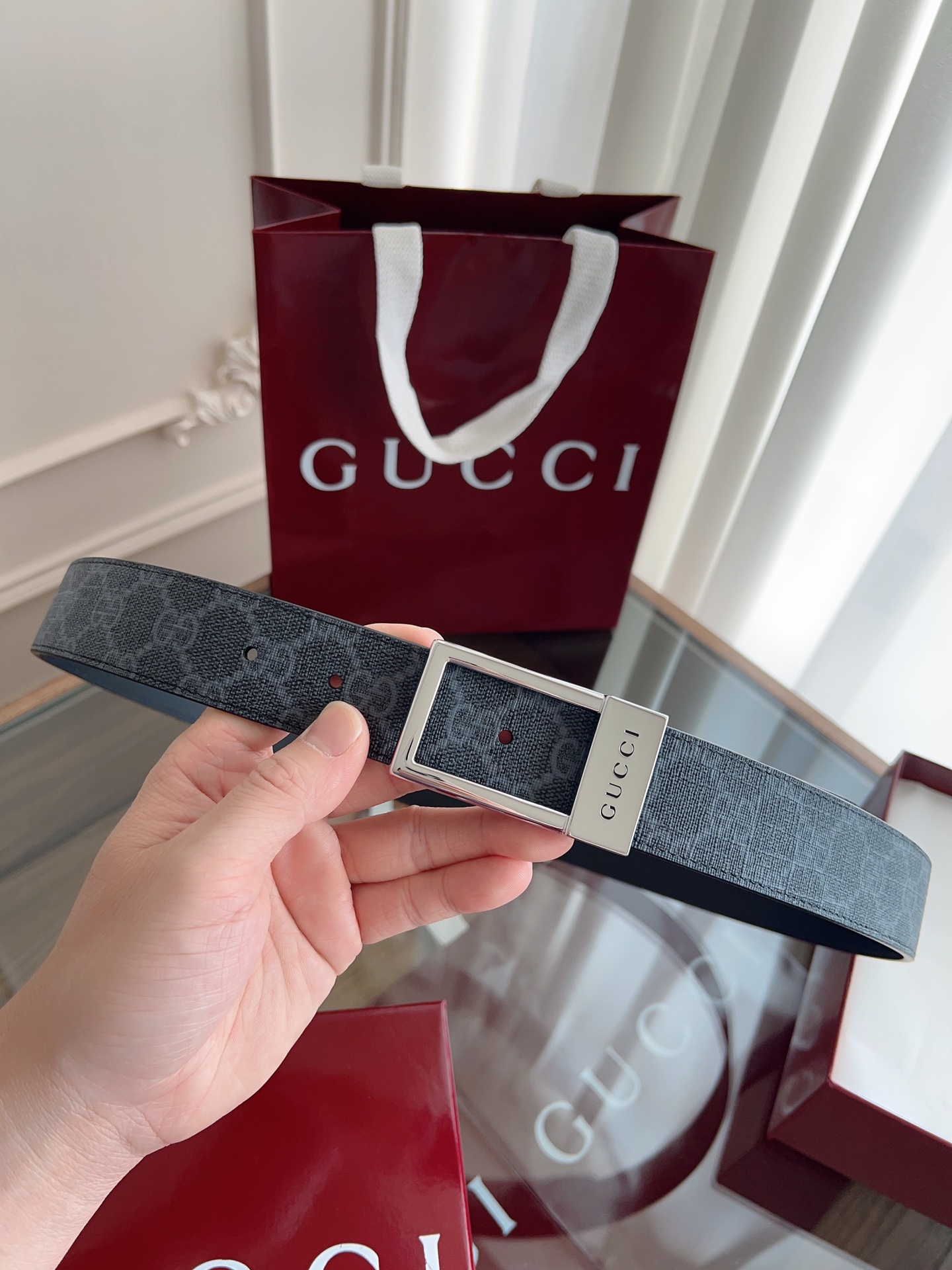  绝美gucci 方扣男士新款腰帶 專櫃同步 寬3.5厘米 帶身帆布老花-拼進口硅胶底黑色 精緻真空電鍍