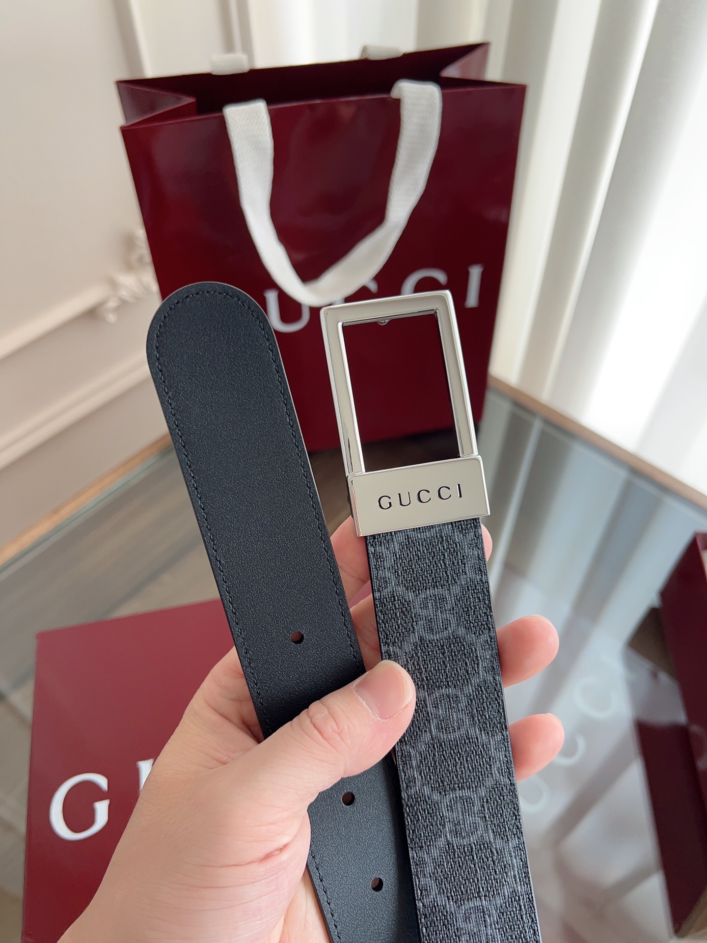  绝美gucci 方扣男士新款腰帶 專櫃同步 寬3.5厘米 帶身帆布老花-拼進口硅胶底黑色 精緻真空電鍍