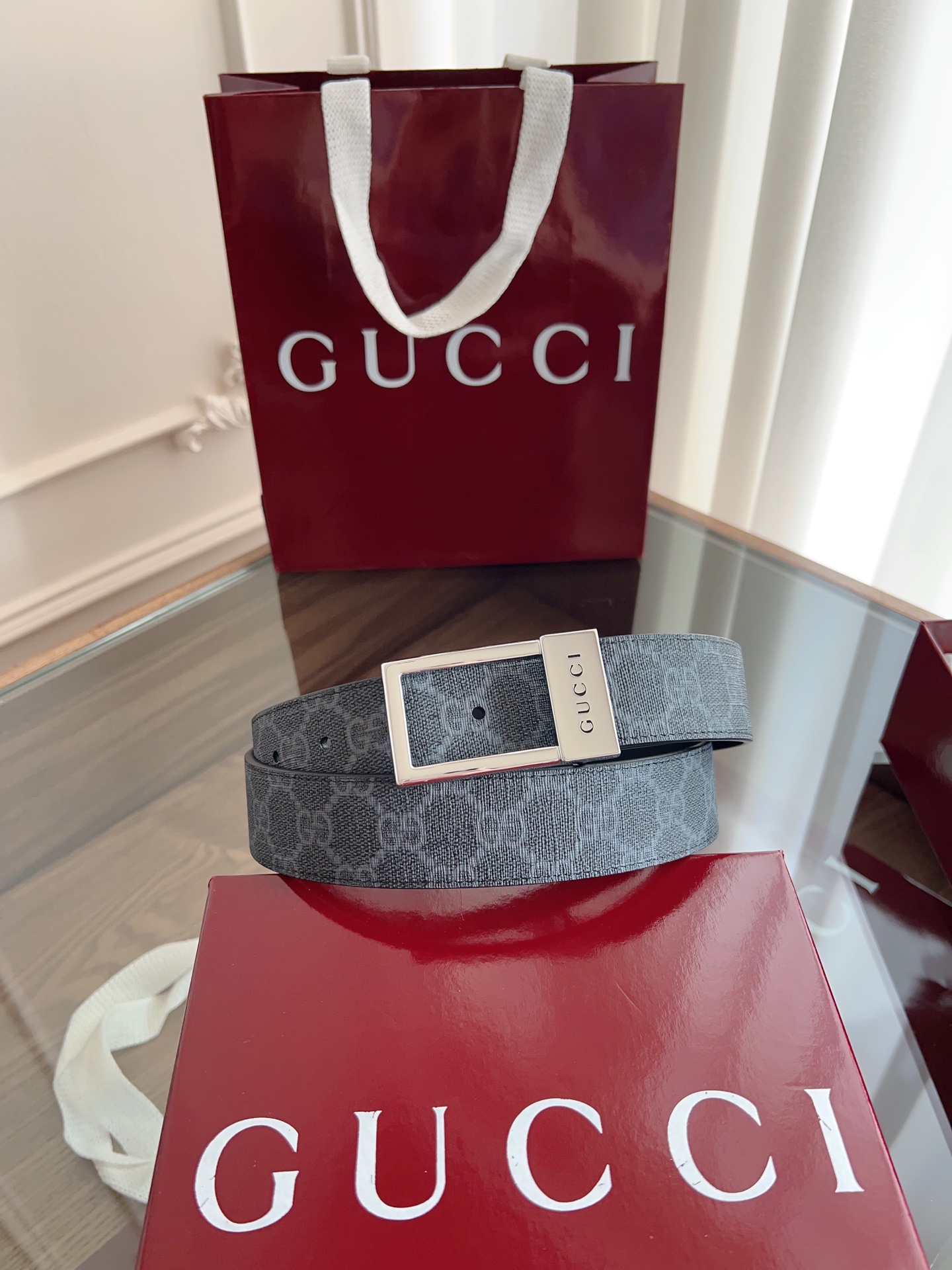  绝美gucci 方扣男士新款腰帶 專櫃同步 寬3.5厘米 帶身帆布老花-拼進口硅胶底黑色 精緻真空電鍍