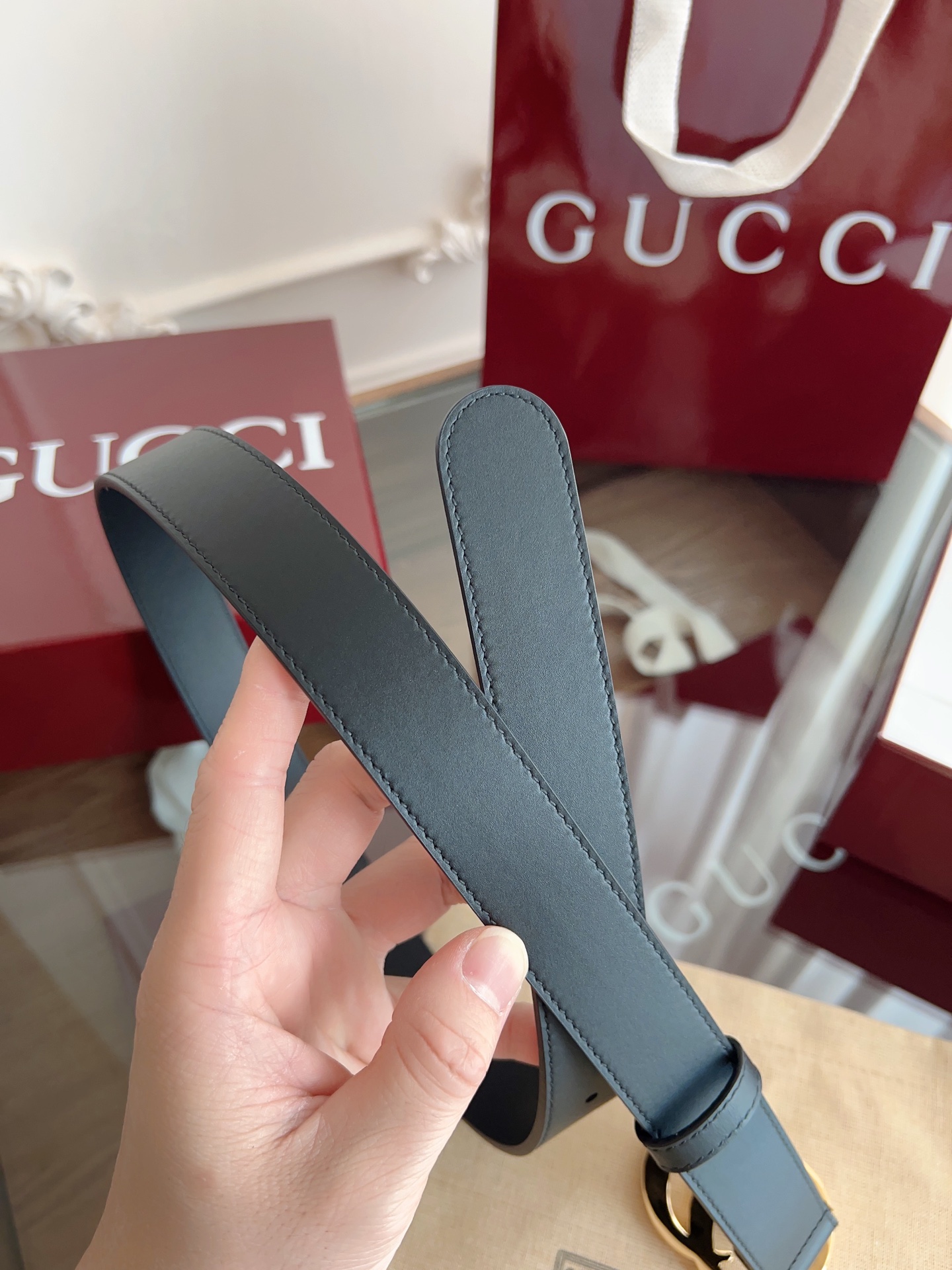  GUCCI 表面头层小牛皮 宽度3.0cm 专柜新版logo横标，原版进口南非皮底，精品双G铜扣  高