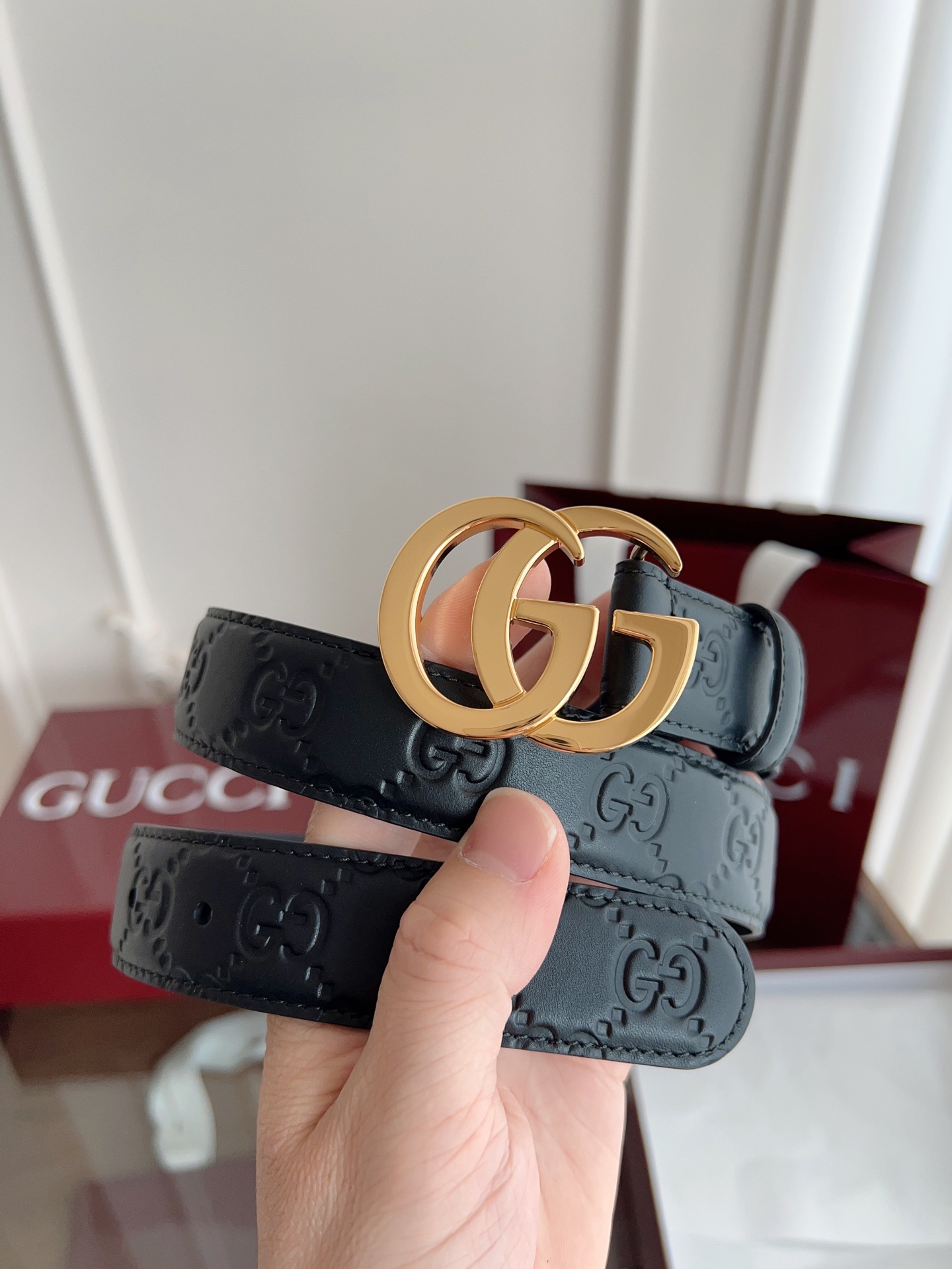  GUCCI 表面头层小牛皮 宽度3.0cm 专柜新版logo横标，原版进口南非皮底，精品双G铜扣  高