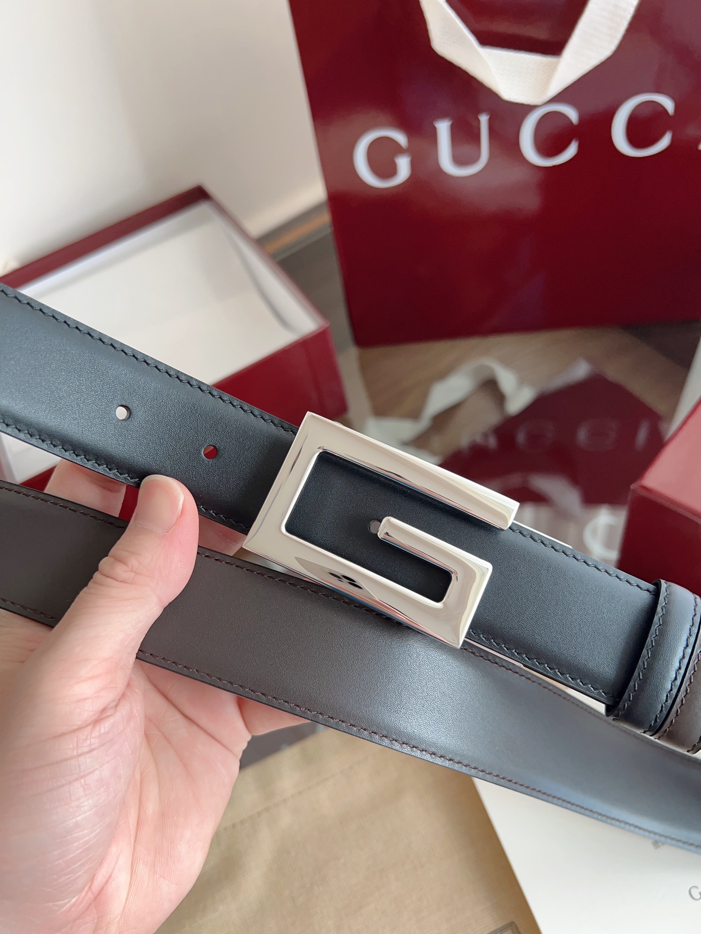 Gucci Supreme PVC老花 黑猪皮纹底 宽度3.5cm 复古GG旋转扣[原单精品扣] 双面可用/可裁 P160 