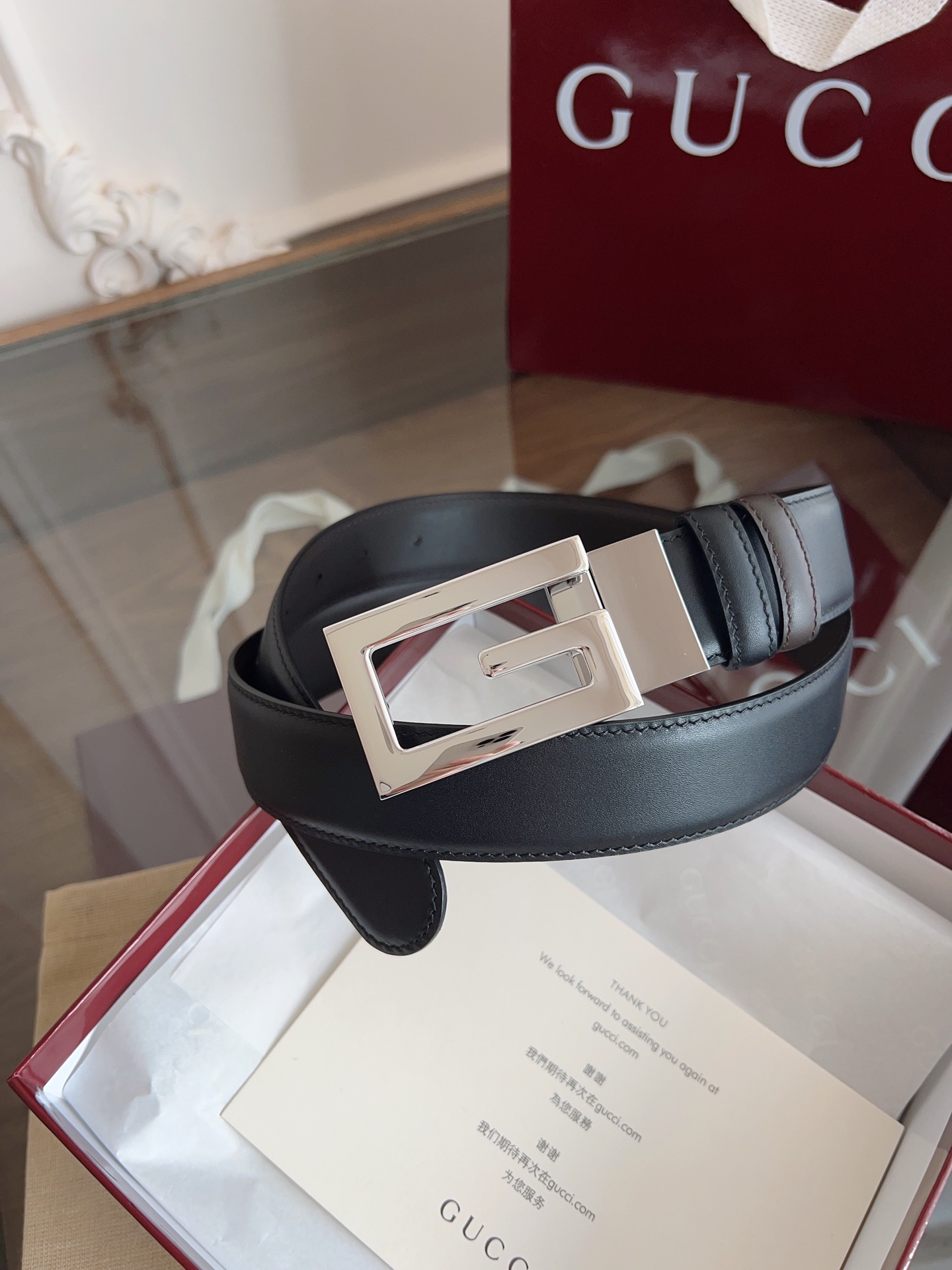 Gucci Supreme PVC老花 黑猪皮纹底 宽度3.5cm 复古GG旋转扣[原单精品扣] 双面可用/可裁 P160 