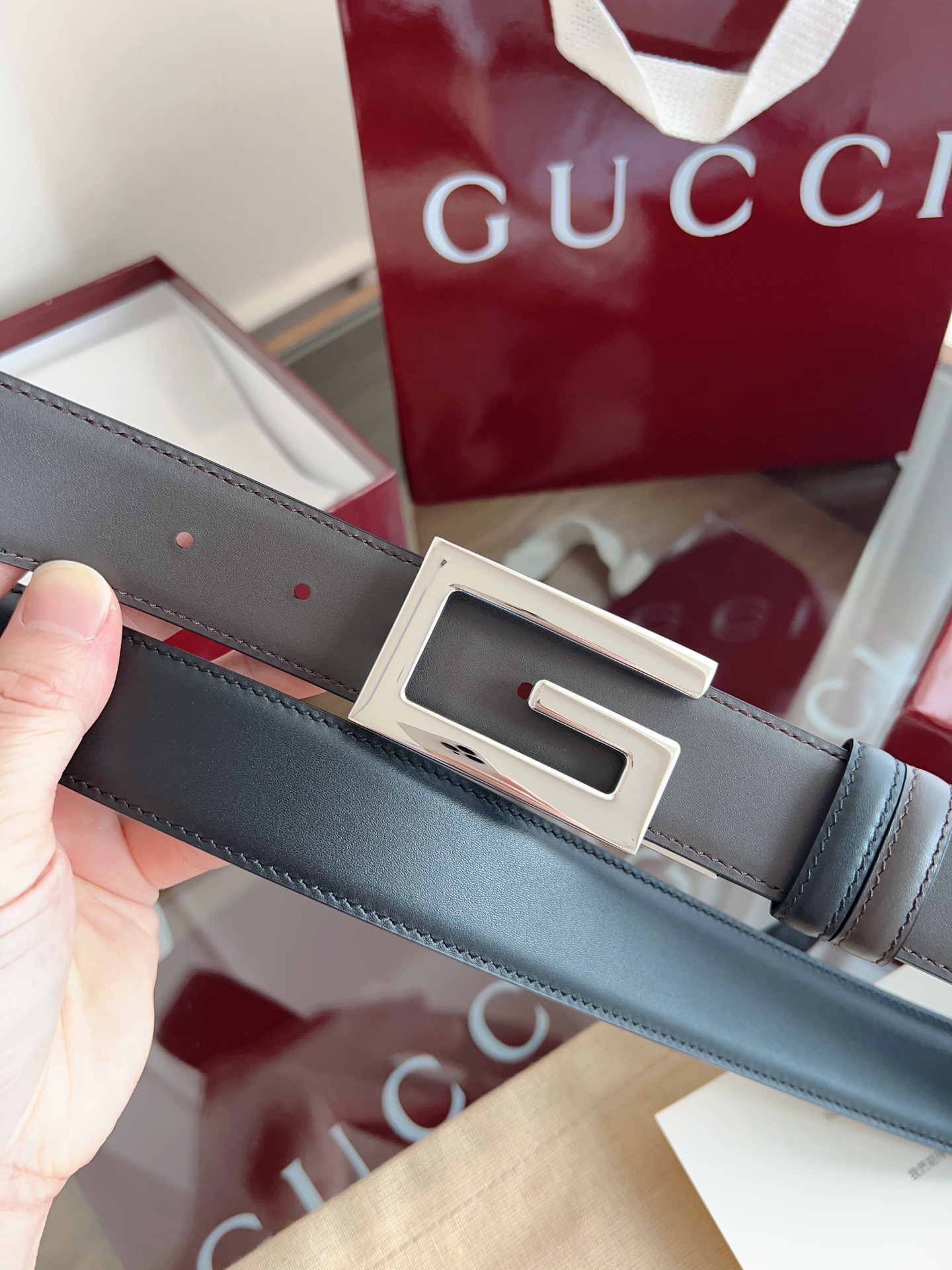 Gucci Supreme PVC老花 黑猪皮纹底 宽度3.5cm 复古GG旋转扣[原单精品扣] 双面可用/可裁 P160 